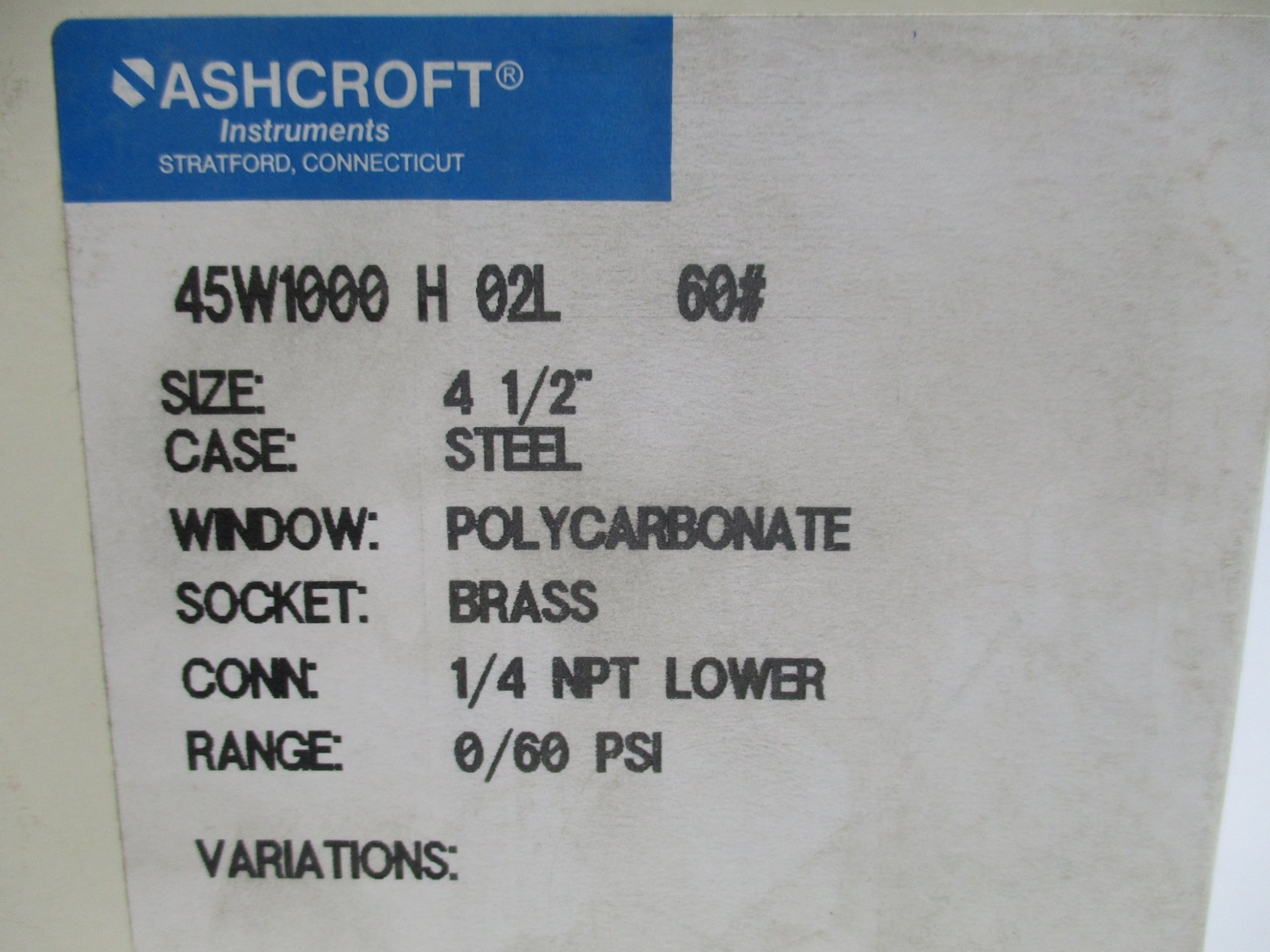 ASHCROFT 45W1000H02L60 0-60PSI NSMP