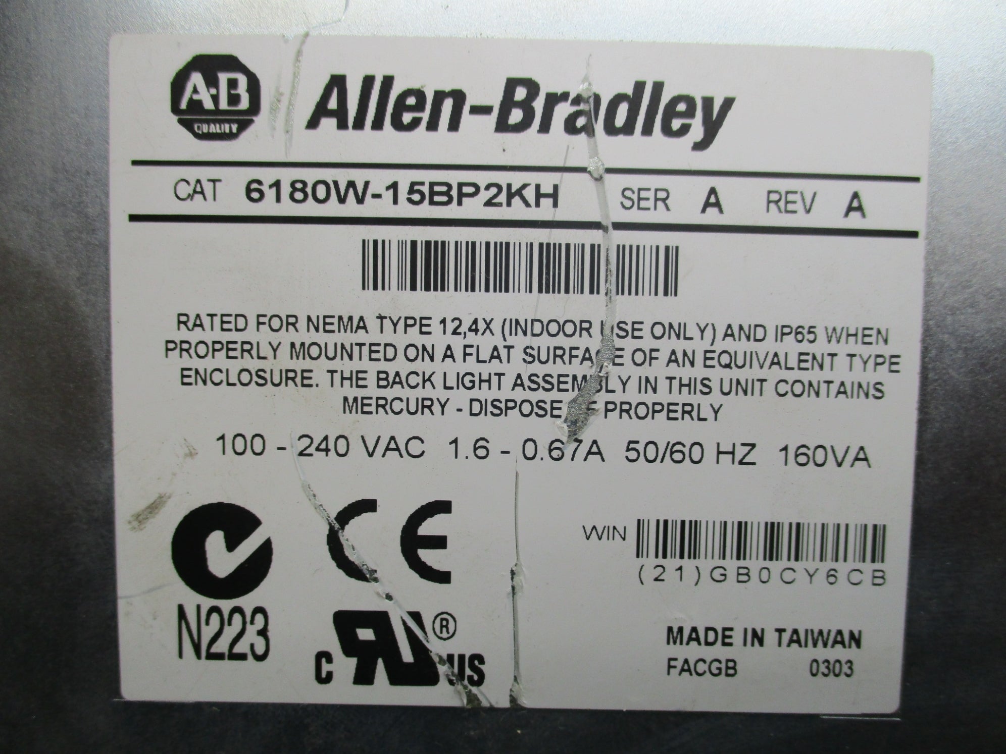 ALLEN BRADLEY 6180W-15BP2KH SER. A UNMP