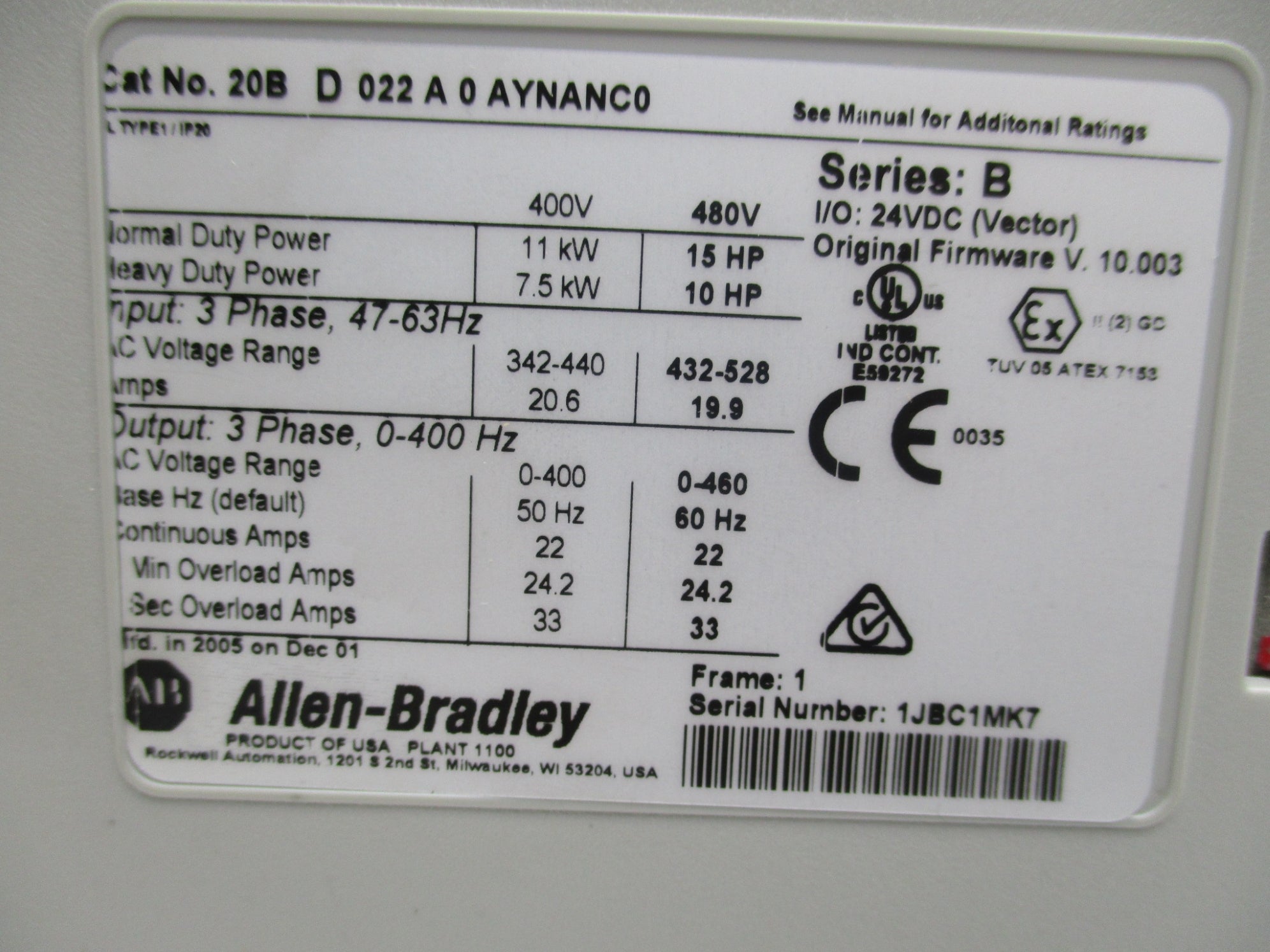 ALLEN BRADLEY 20BD022A0AYNANC0 SER. B F/W 10.003 REMAN