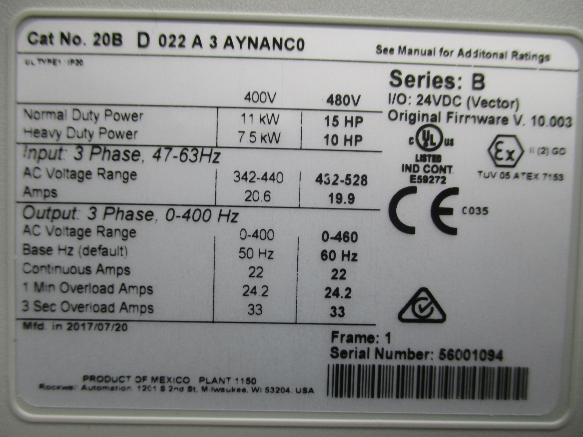 ALLEN BRADLEY 20BD022A3AYNANC0 SER. B F/W 10.003 NSMP