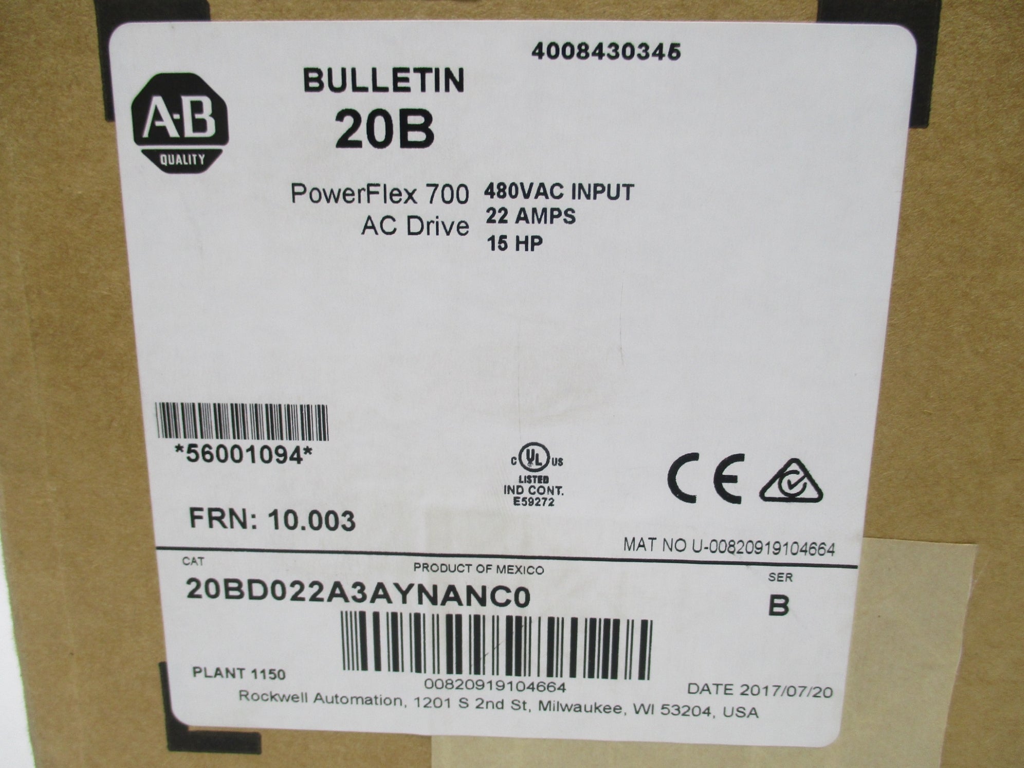 ALLEN BRADLEY 20BD022A3AYNANC0 SER. B F/W 10.003 NSMP
