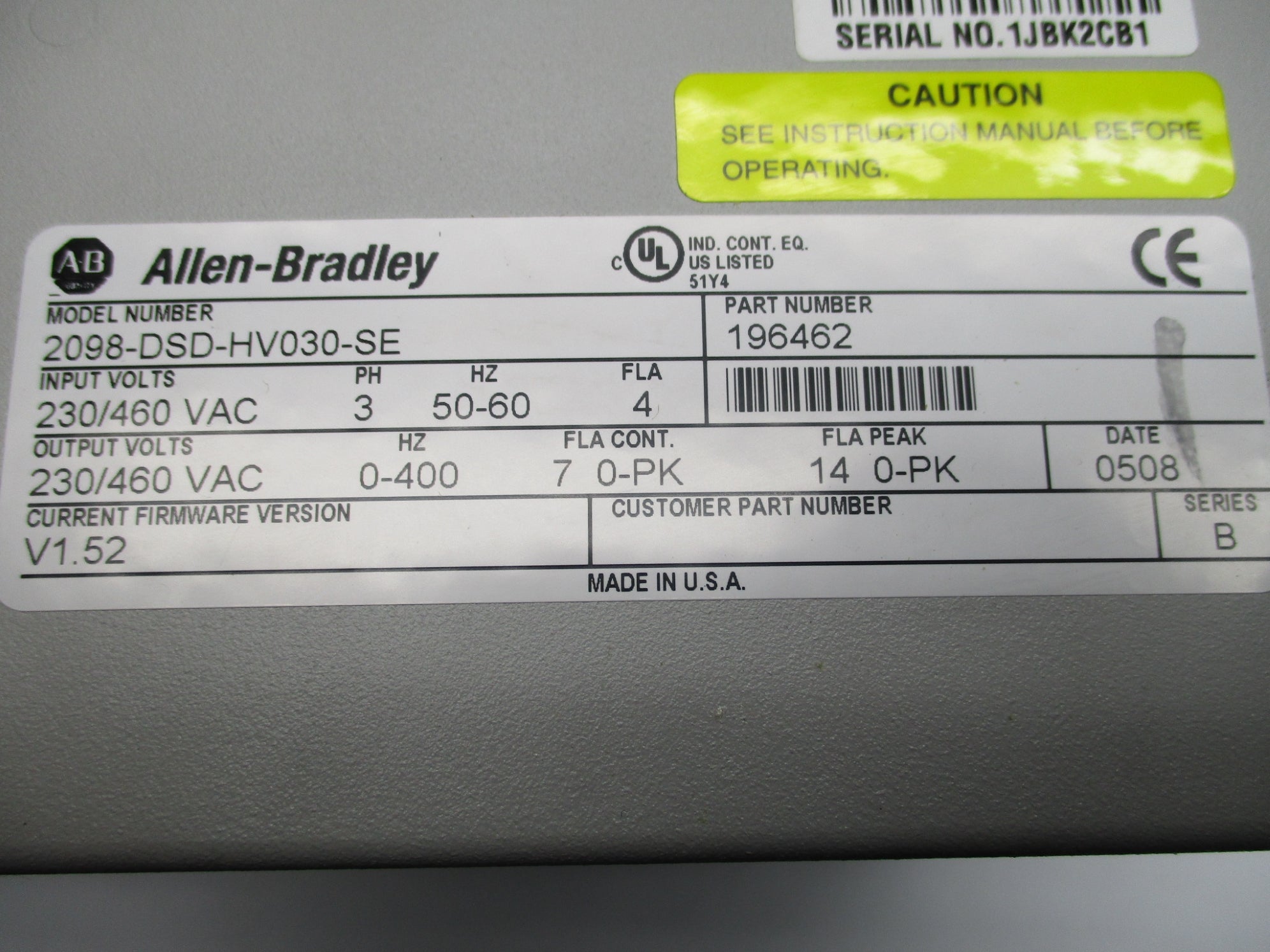ALLEN BRADLEY 2098-DSD-HV030-SE SER. B F/W 1.52 NSMP