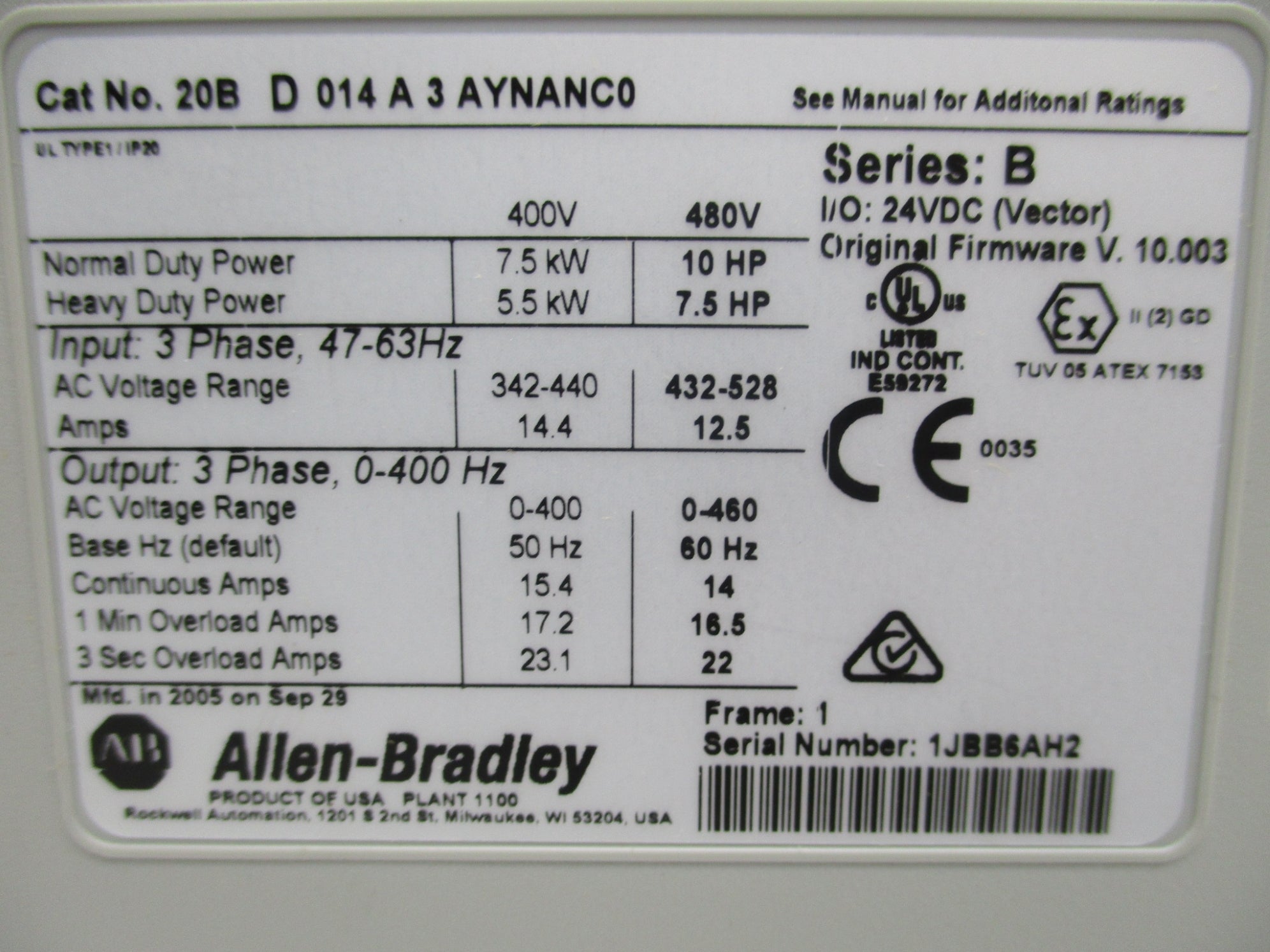 INDUSTRIAL SPARE PART 20BD014A3AYNANC0 SER. B F/W 10.003 REMAN