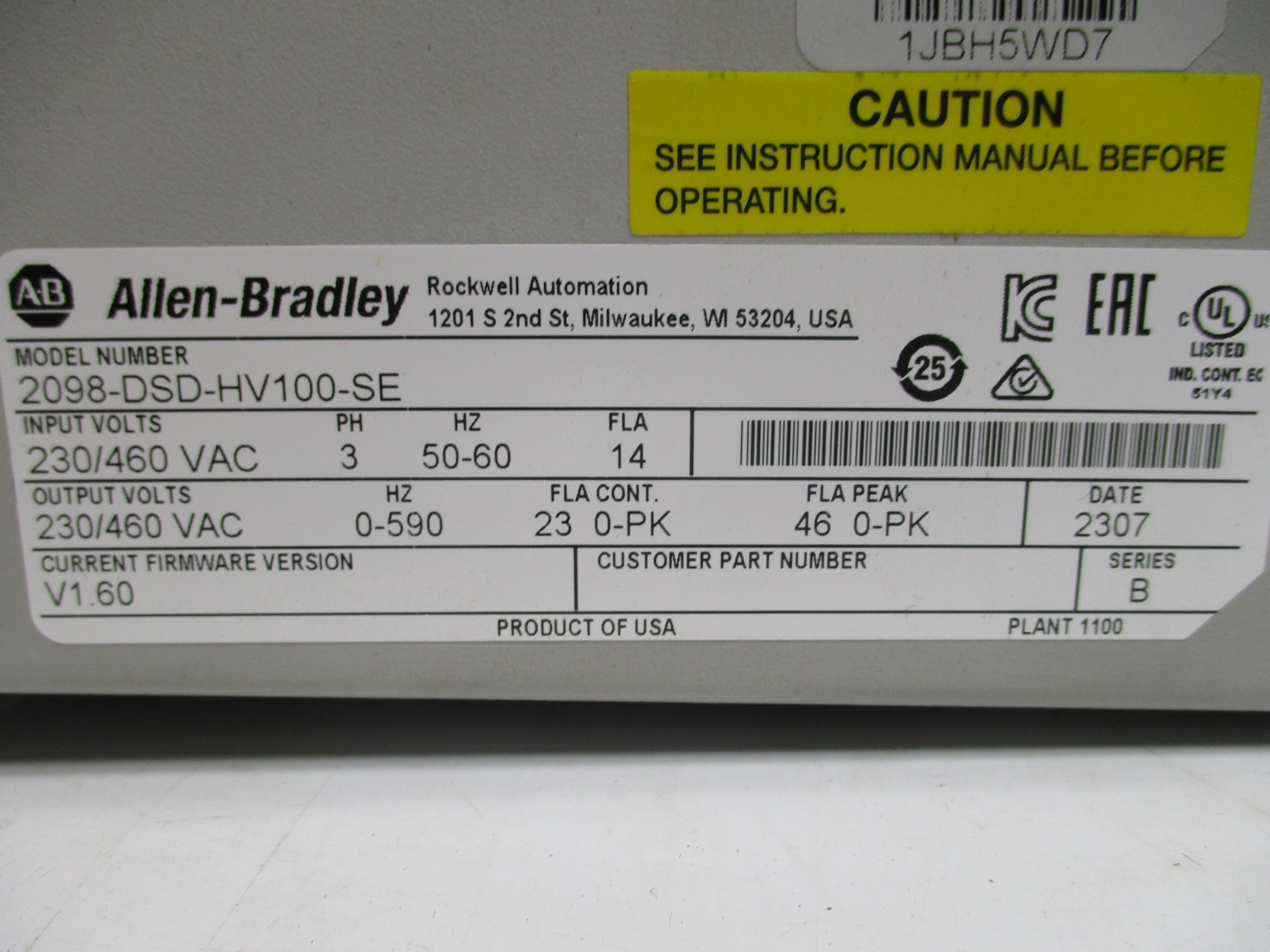 ALLEN BRADLEY 2098-DSD-HV100-SE SER. B F/W 1.60 REMAN