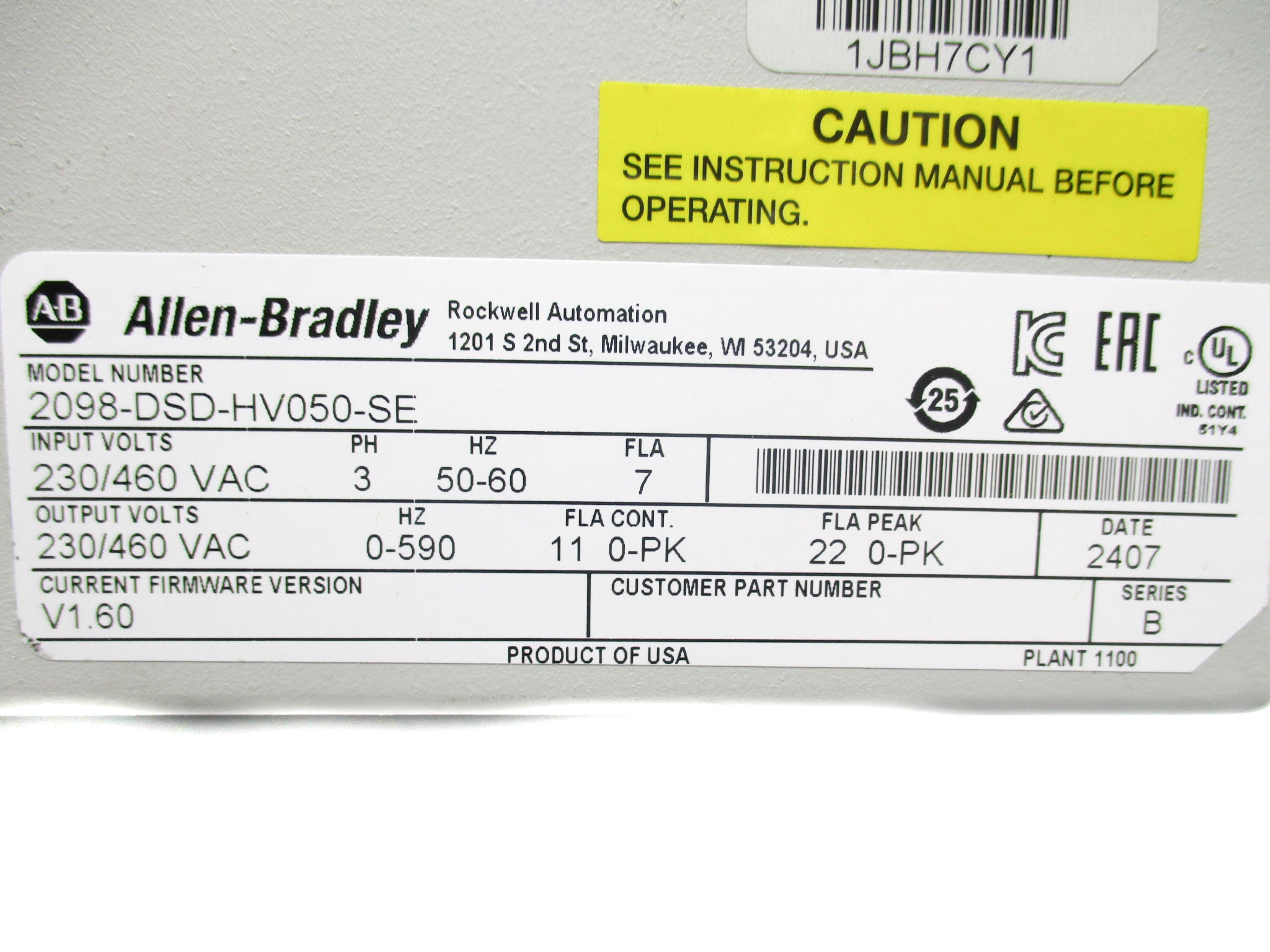 ALLEN BRADLEY 2098-DSD-HV050-SE SER. B F/W 1.60 REMAN