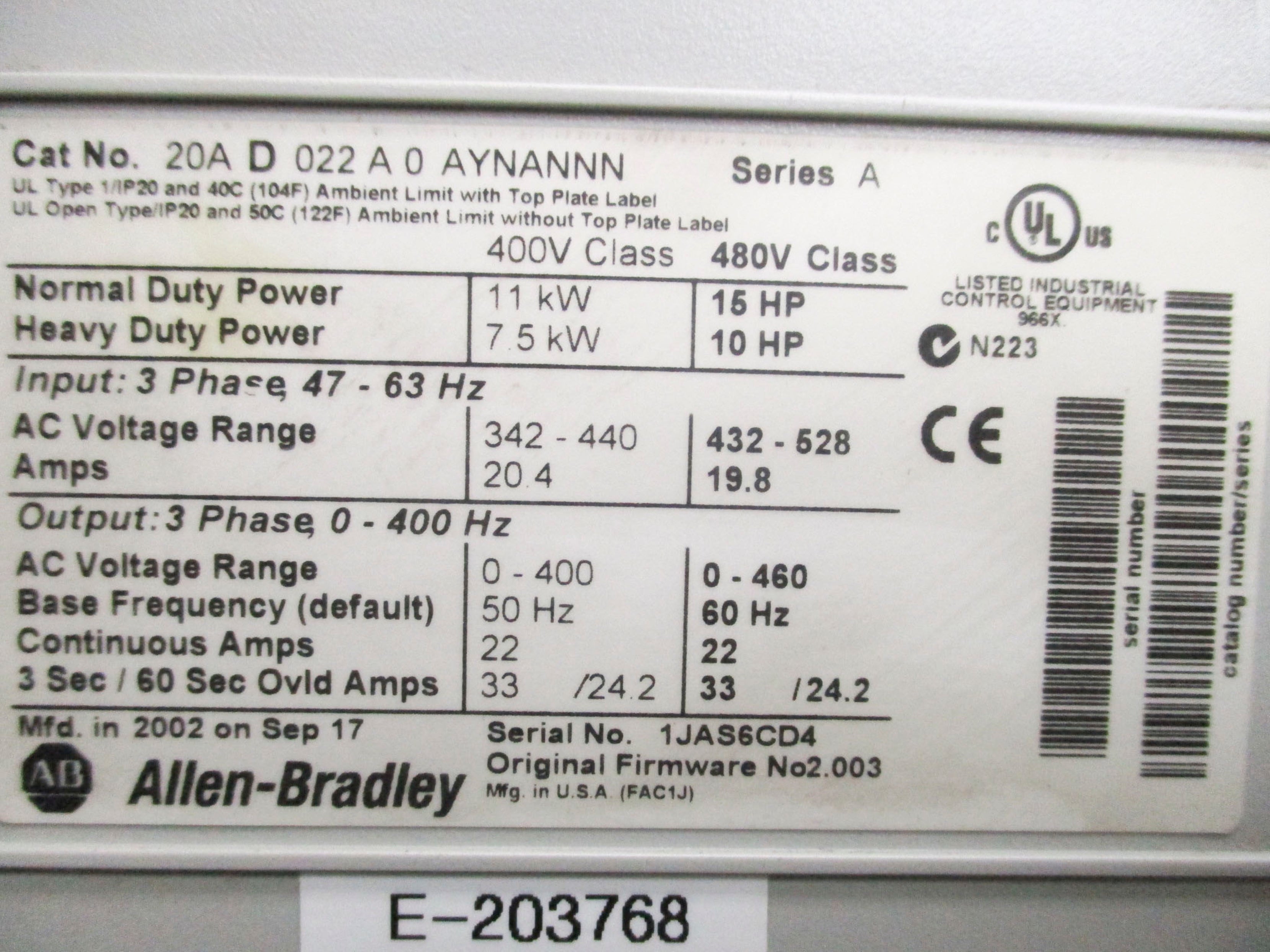 ALLEN BRADLEY 20AD022A0AYNANNN SER. A F/W 2.003 UNMP