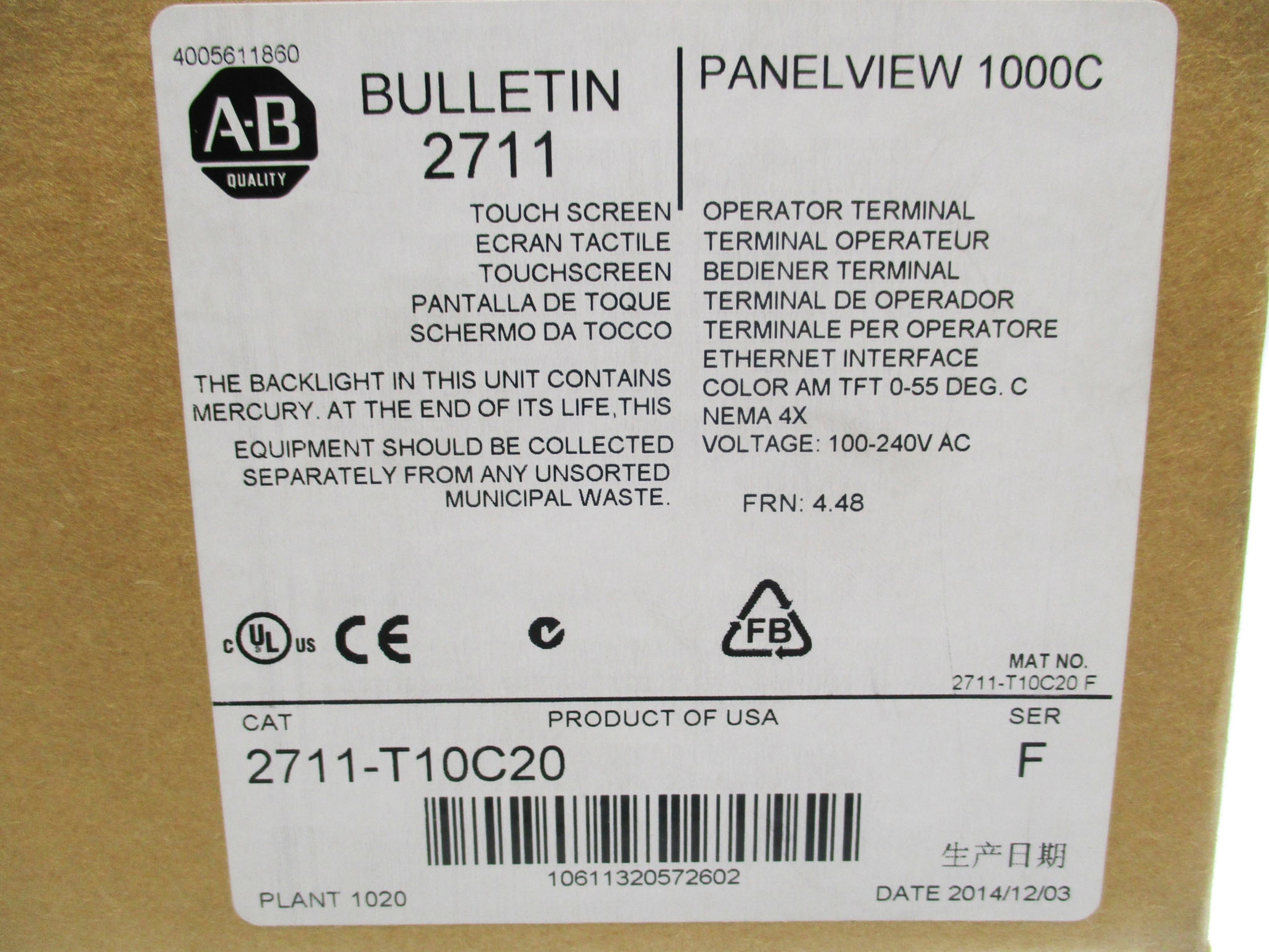 ALLEN BRADLEY 2711-T10C20 SER. F F/W 4.48 NSMP