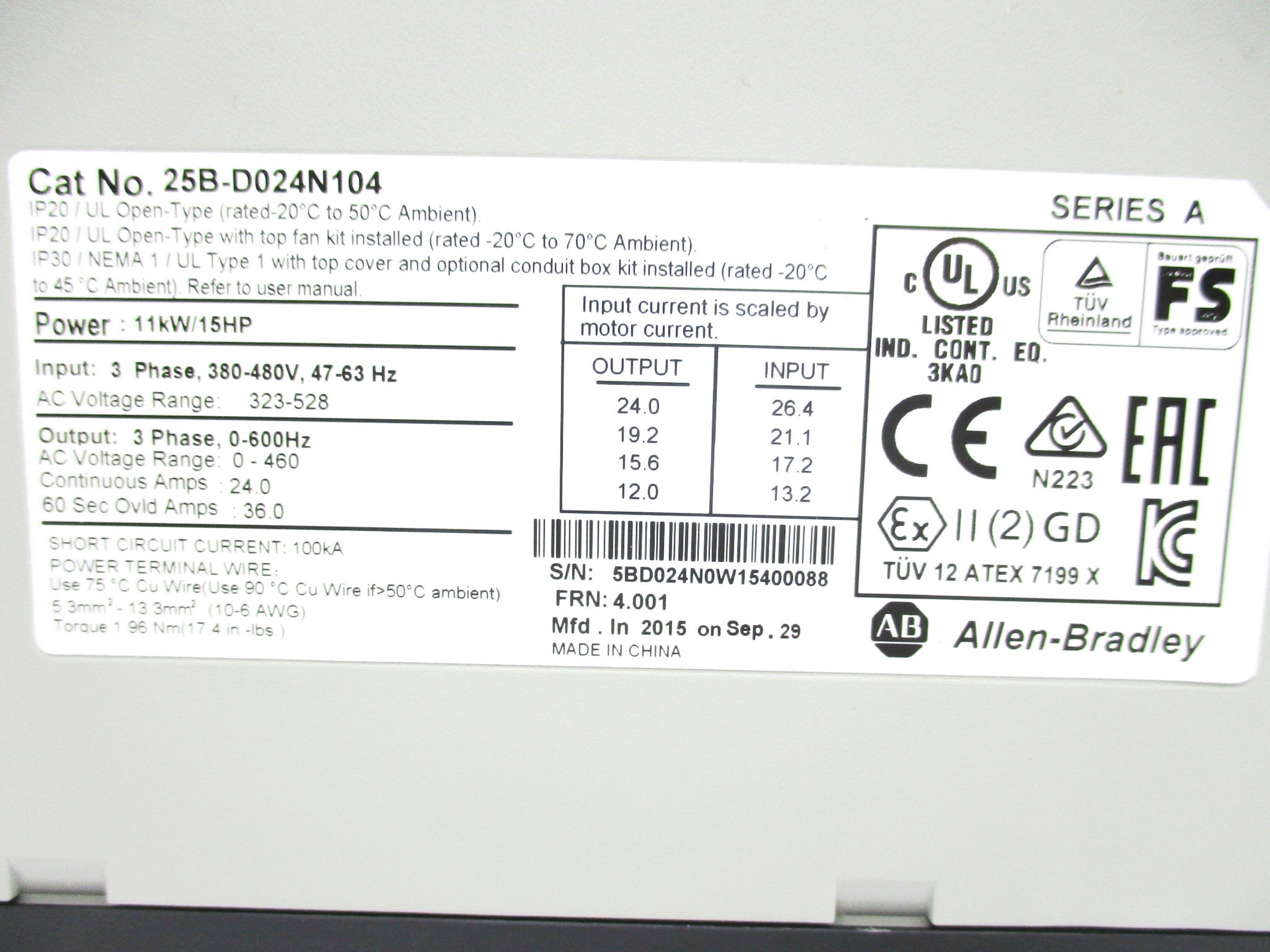 ALLEN BRADLEY 25B-D024N104 SER. A F/W 4.001 323-528VAC 26.4A NSMP