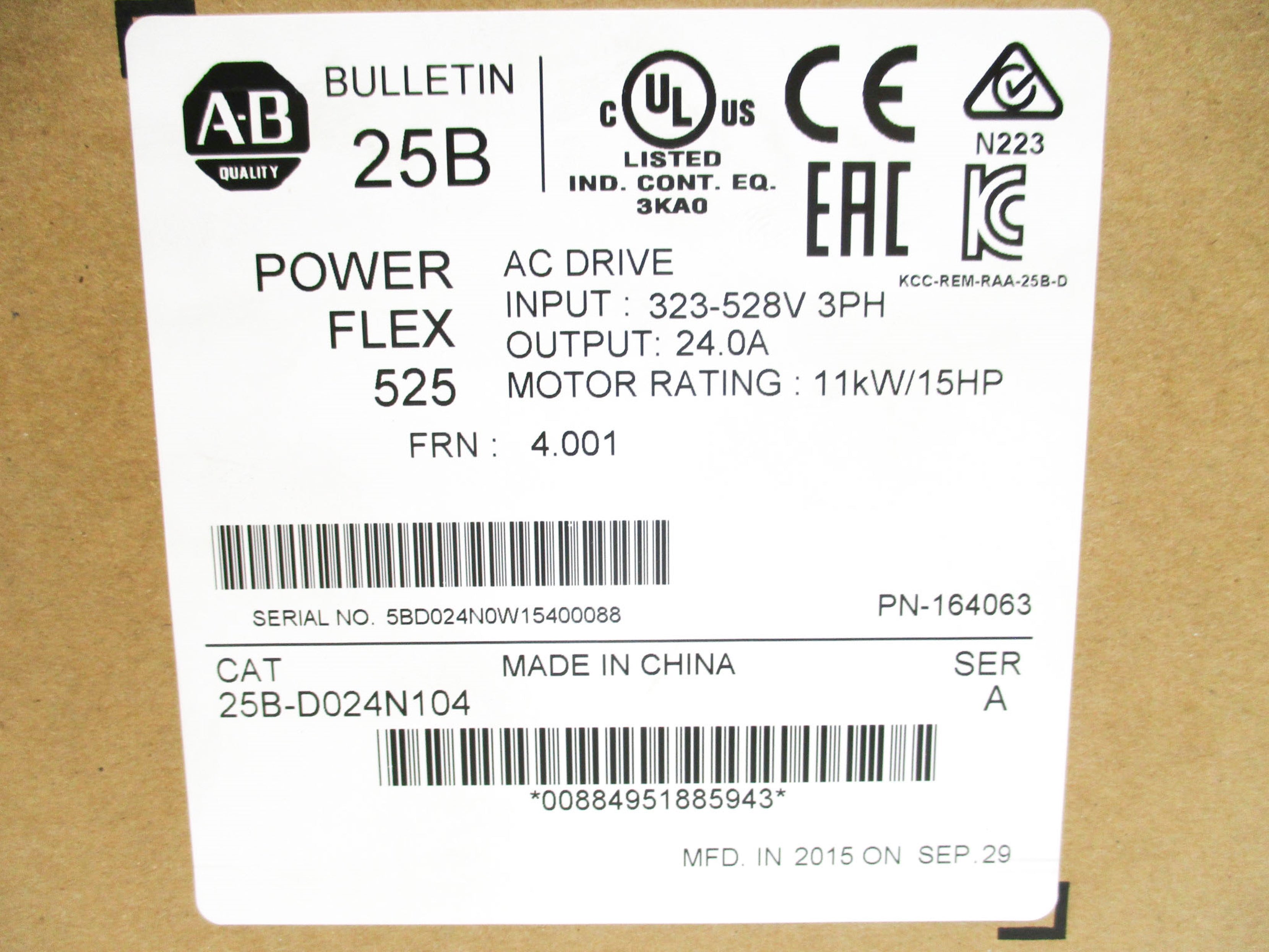ALLEN BRADLEY 25B-D024N104 SER. A F/W 4.001 323-528VAC 26.4A NSMP