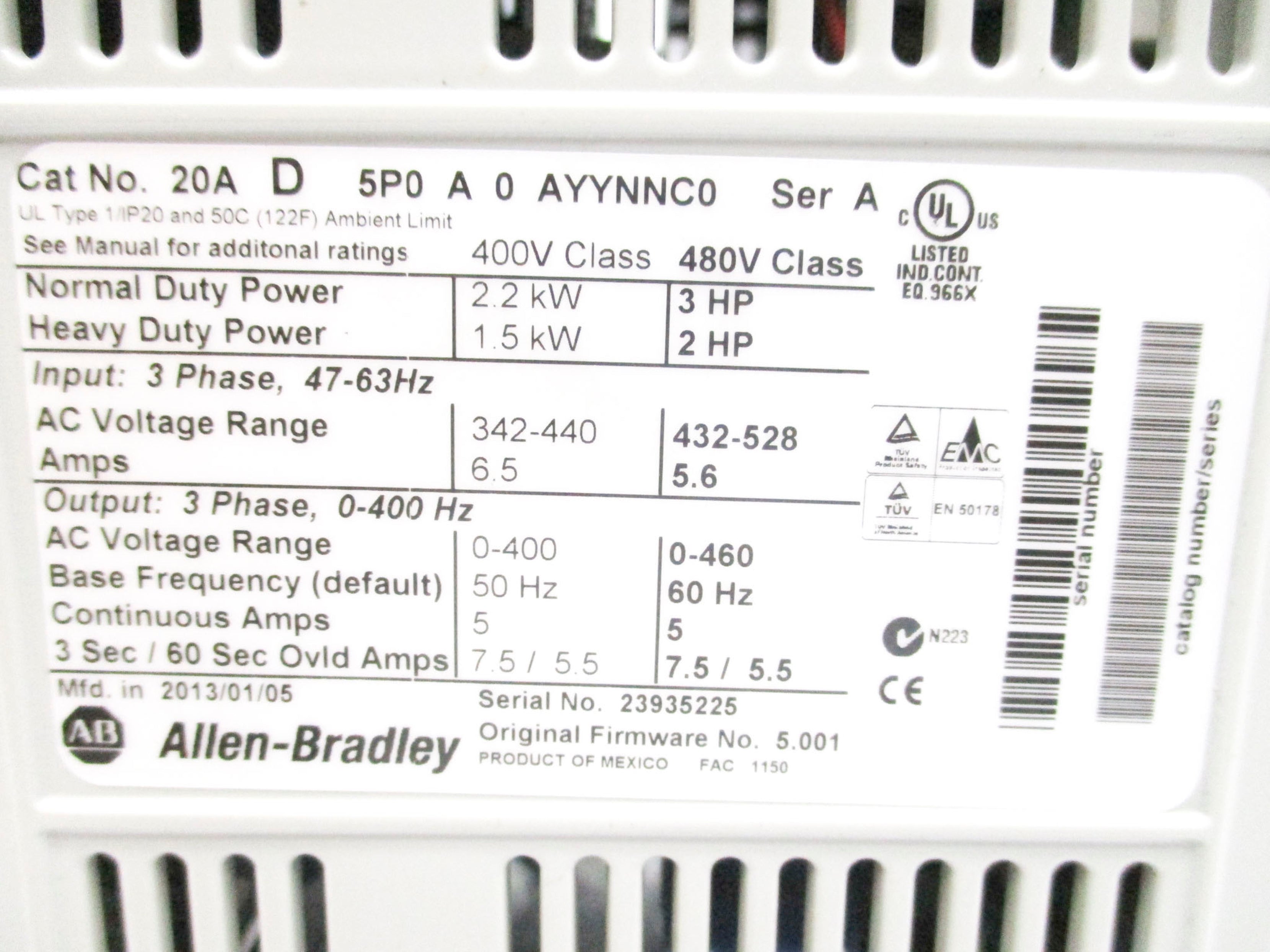 INDUSTRIAL SPARE PART 20AD5P0A0AYYNNC0 SER. C F/W 5.001 DATE:2013 NSMP