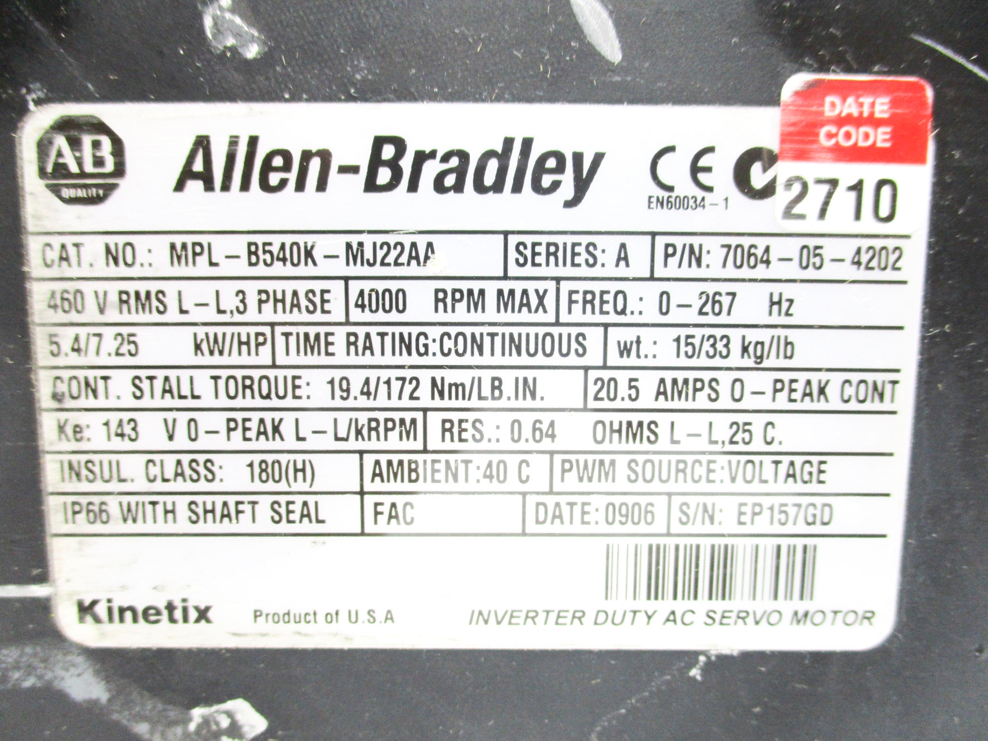 INDUSTRIAL SPARE PART MPL-B540K-MJ22AA SER. A REMAN