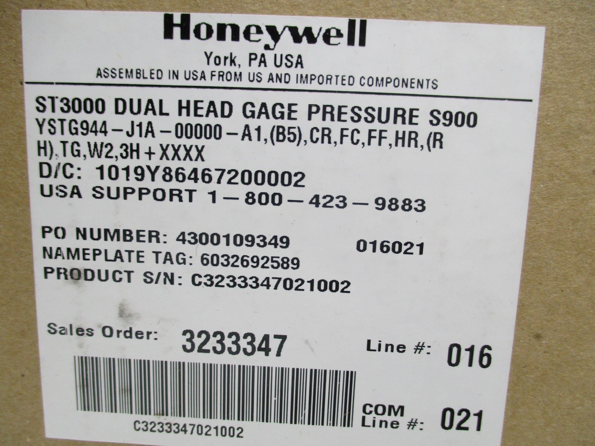 HONEYWELL YSTG944-J1A-00000-A1,(B5),CR,FC,FF,HR,(RH),TG,W2,3H-XXXX NSMP