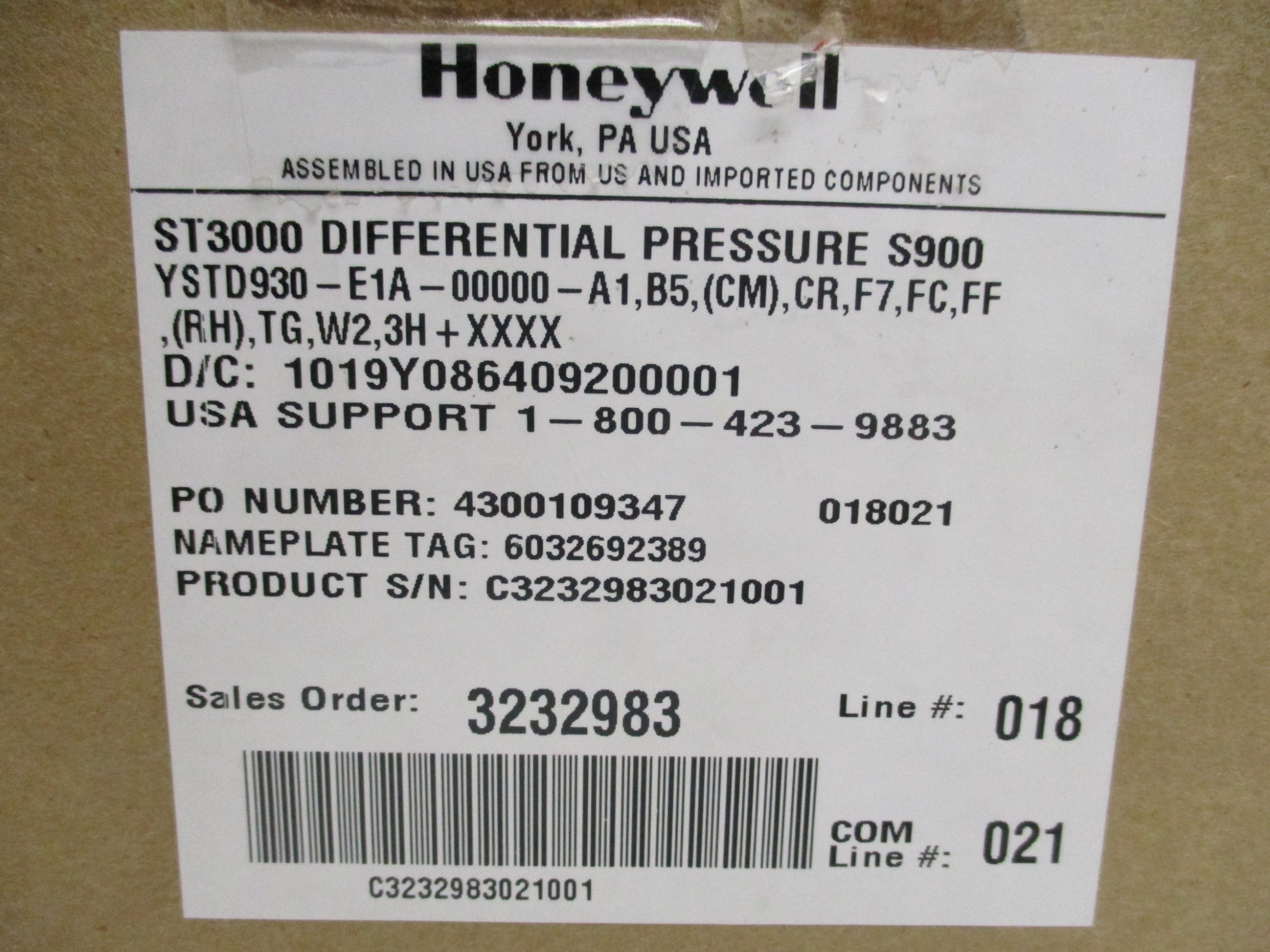 HONEYWELL YSTD930-E1A-00000-A1,B5,(CM),CR,F7,FC,FF,(RH),TG,W2,3H-XXXX NSMP