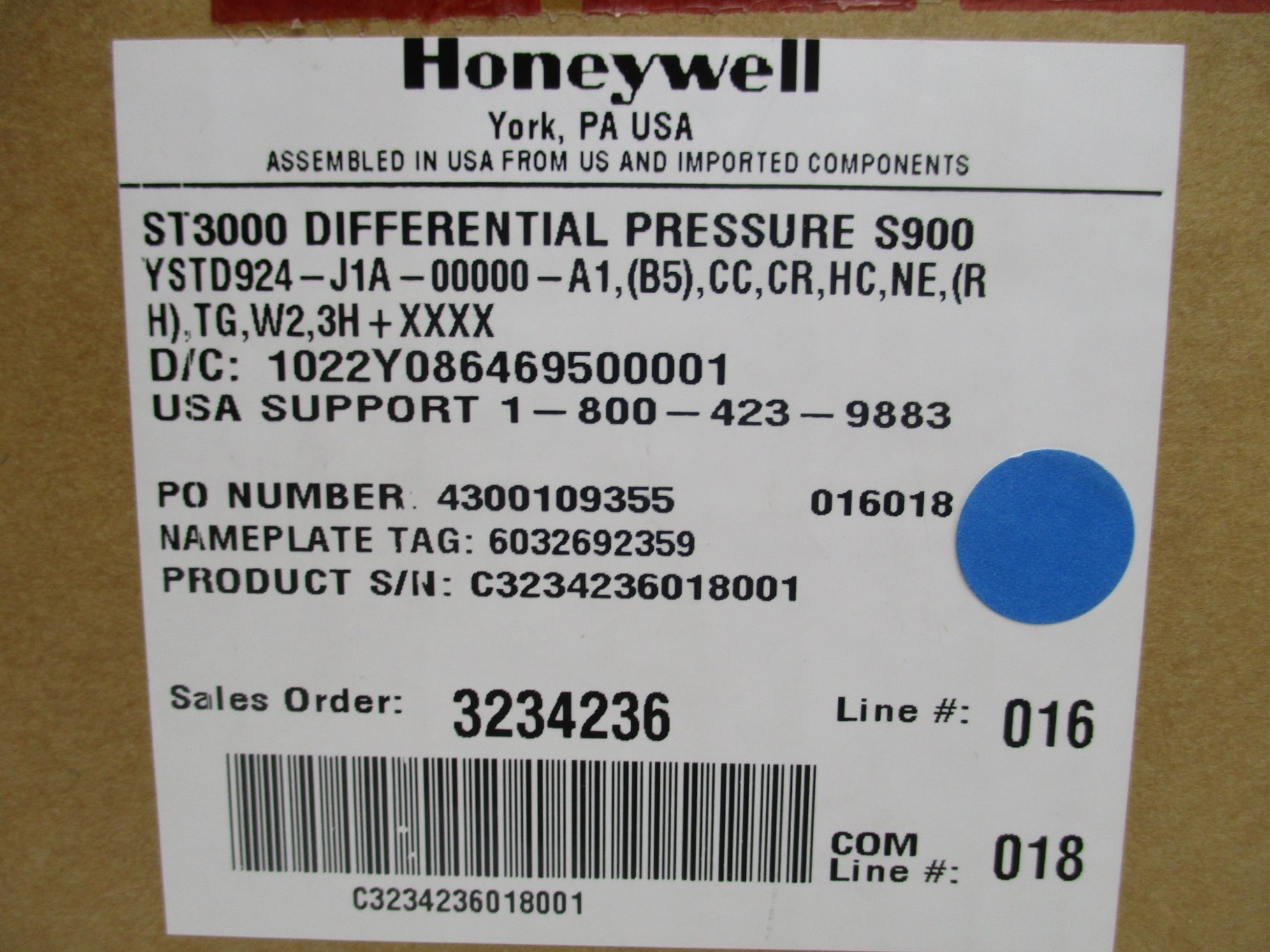 HONEYWELL YSTD924-J1A-00000-A1,(B5),CC,CR,HC,NE,(RH),TG,W2,3H-XXXX NSMP