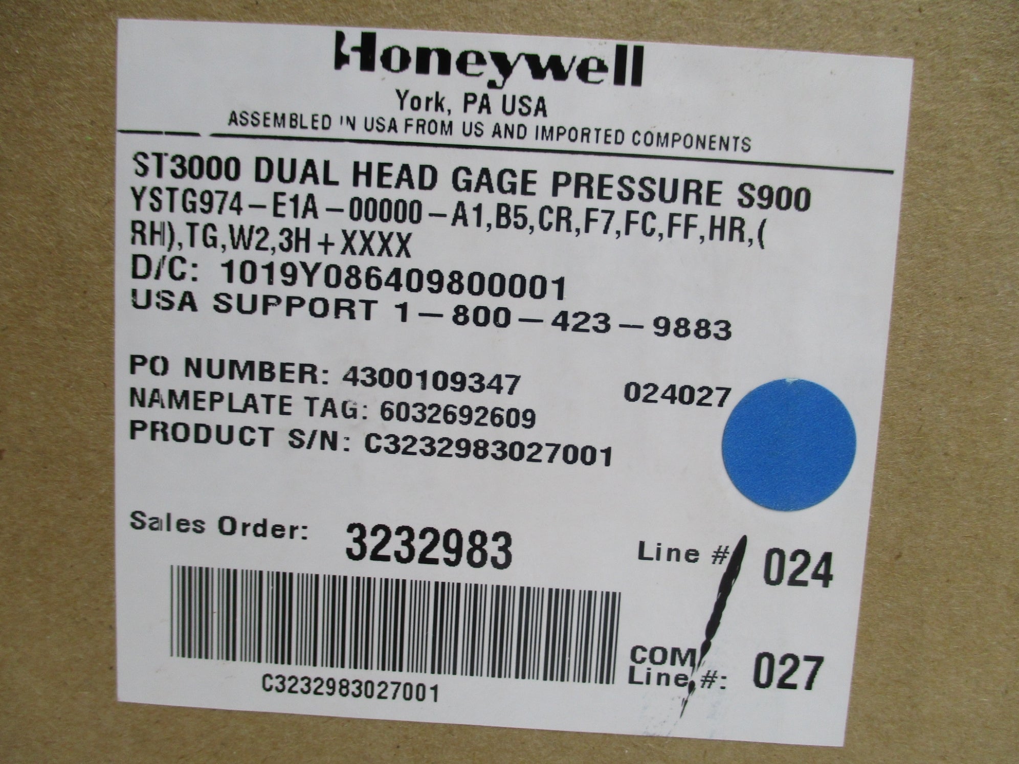 HONEYWELL YSTG974-E1A-00000-A1,B5,CR,F7,FC,FF,HR,(RH),TG,W2,3H-XXXX NSMP