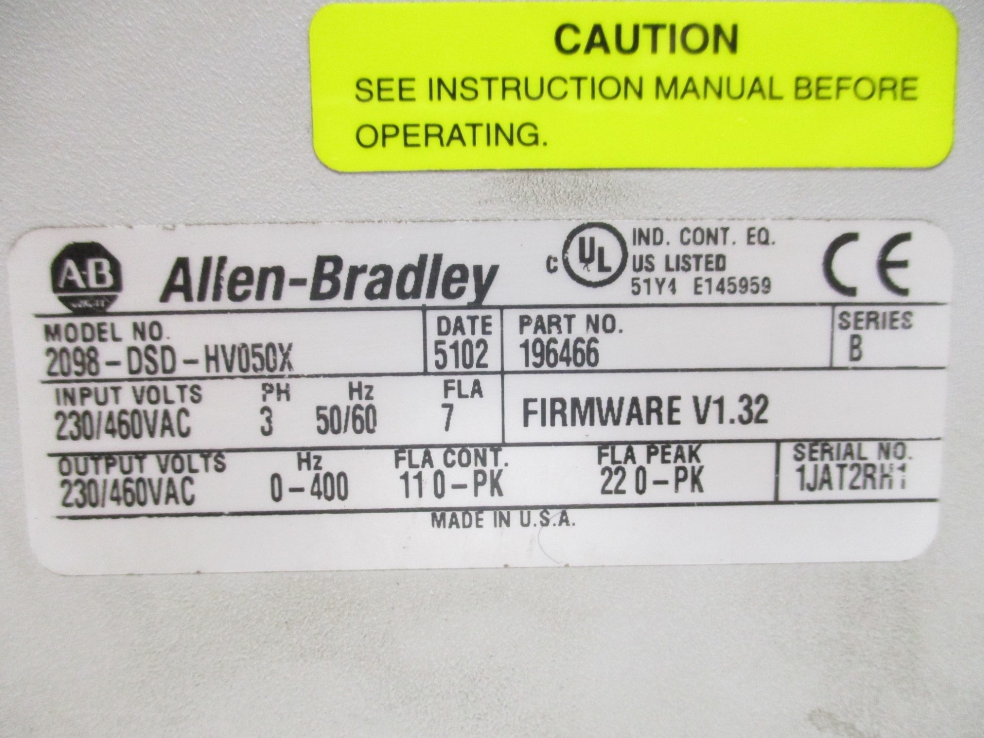 ALLEN BRADLEY 2098-DSD-HV050X SER. B F/W 1.32 (AS PICTURED) UNMP