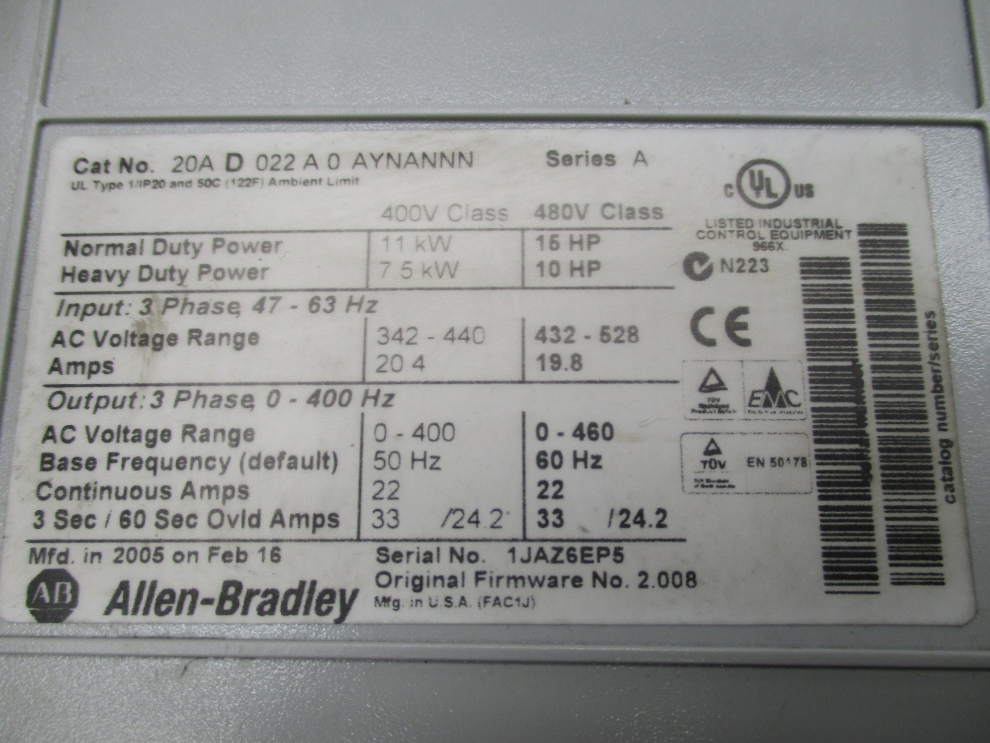 ALLEN BRADLEY 20AD022A0AYNANNN SER. A F/W 2.008 UNMP