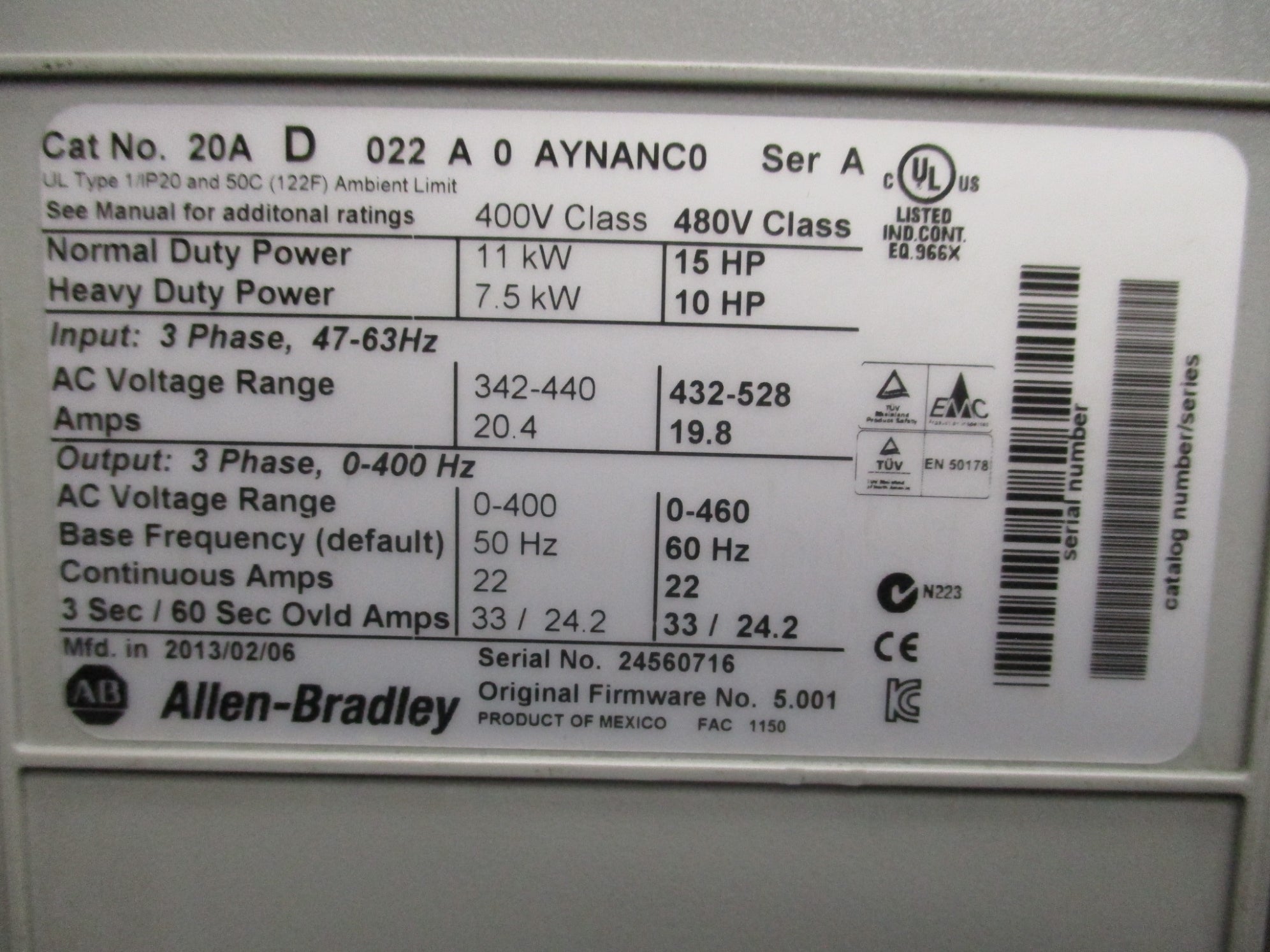 ALLEN BRADLEY 20AD022A0AYNANC0 SER. A F/W 5.001 (AS PICTURED) NSNP