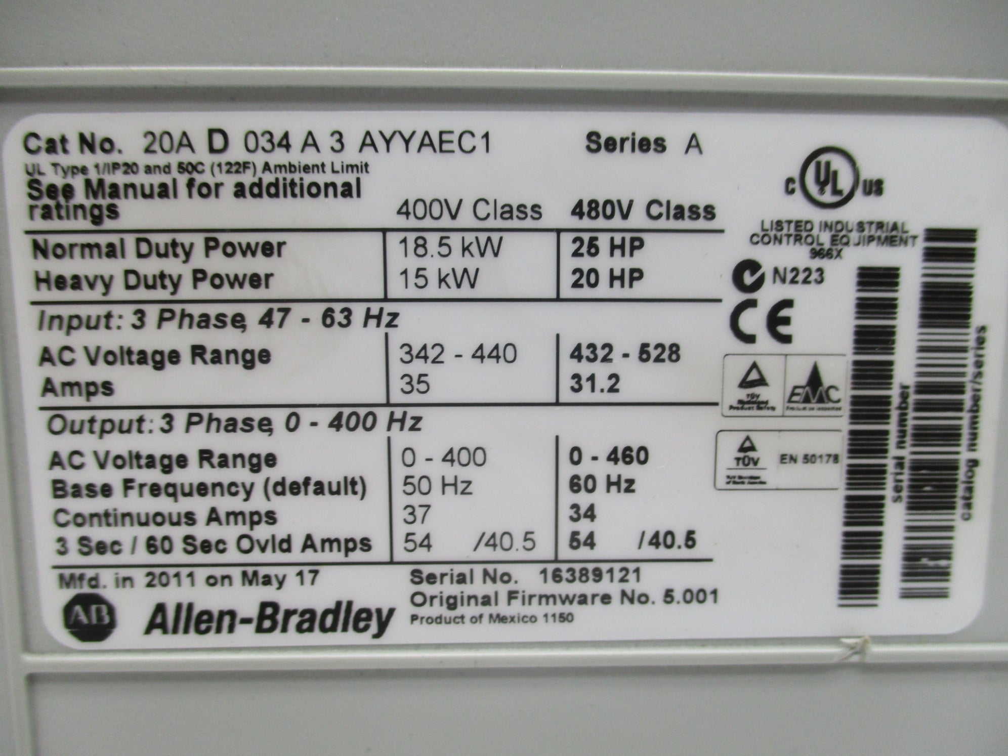 INDUSTRIAL SPARE PART 20AD034A3AYYAEC1 SER. A F/W 5.001 UNMP