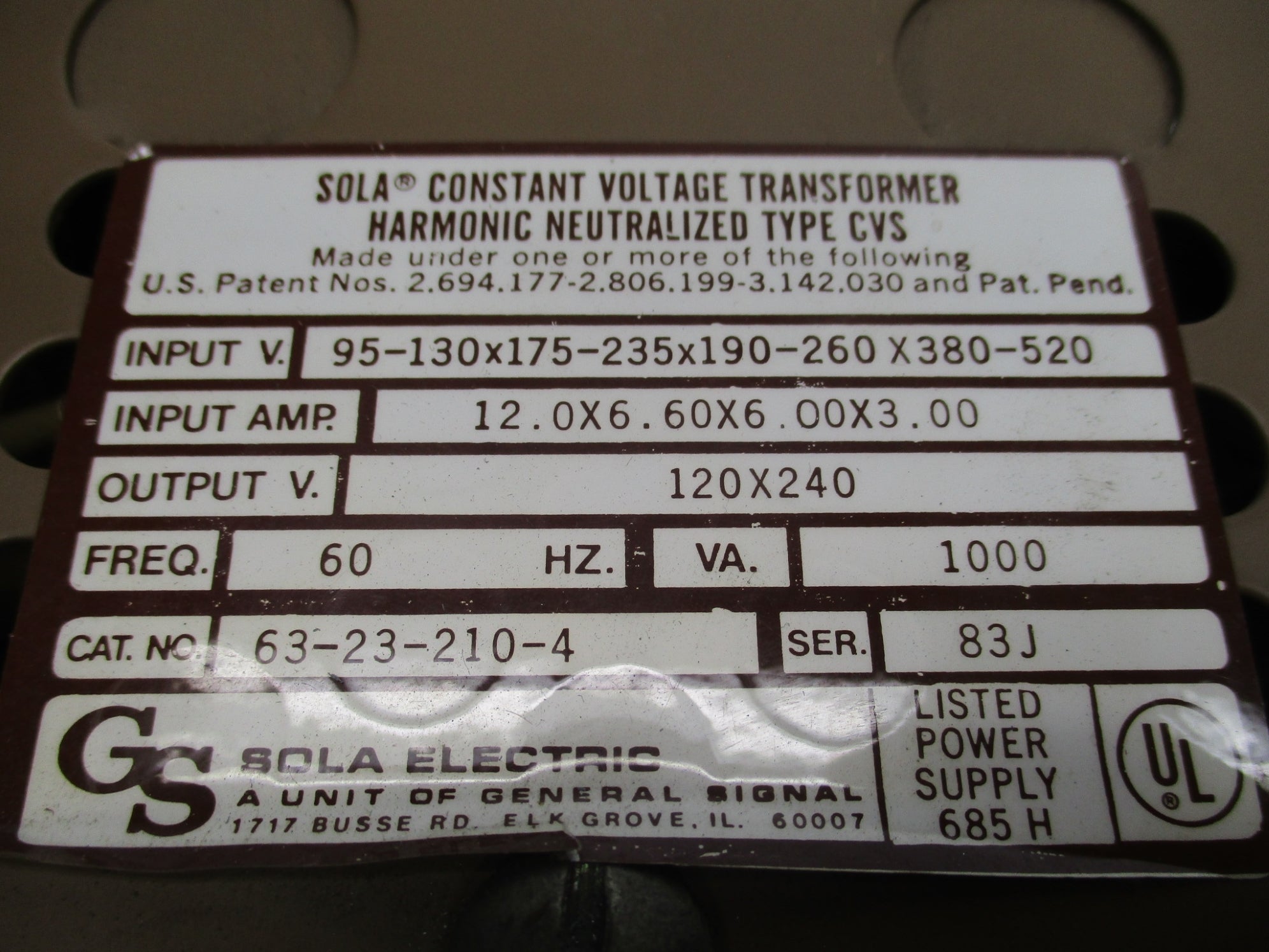 SOLA ELECTRIC 63-23-210-4 SER. 83J UNMP