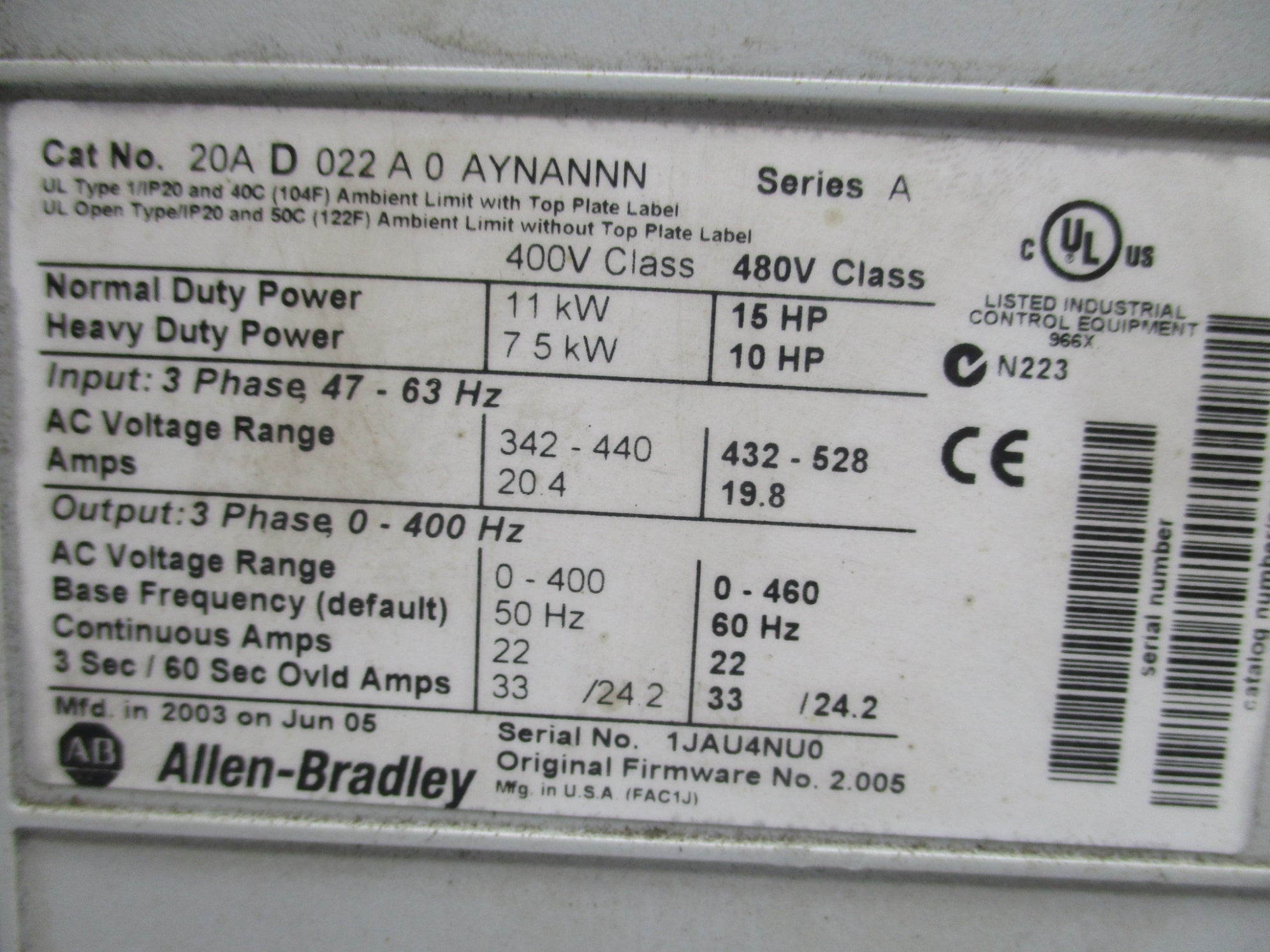 ALLEN  BRADLEY 20AD022A0AYNANNN SER. A F/W 2.005 UNMP
