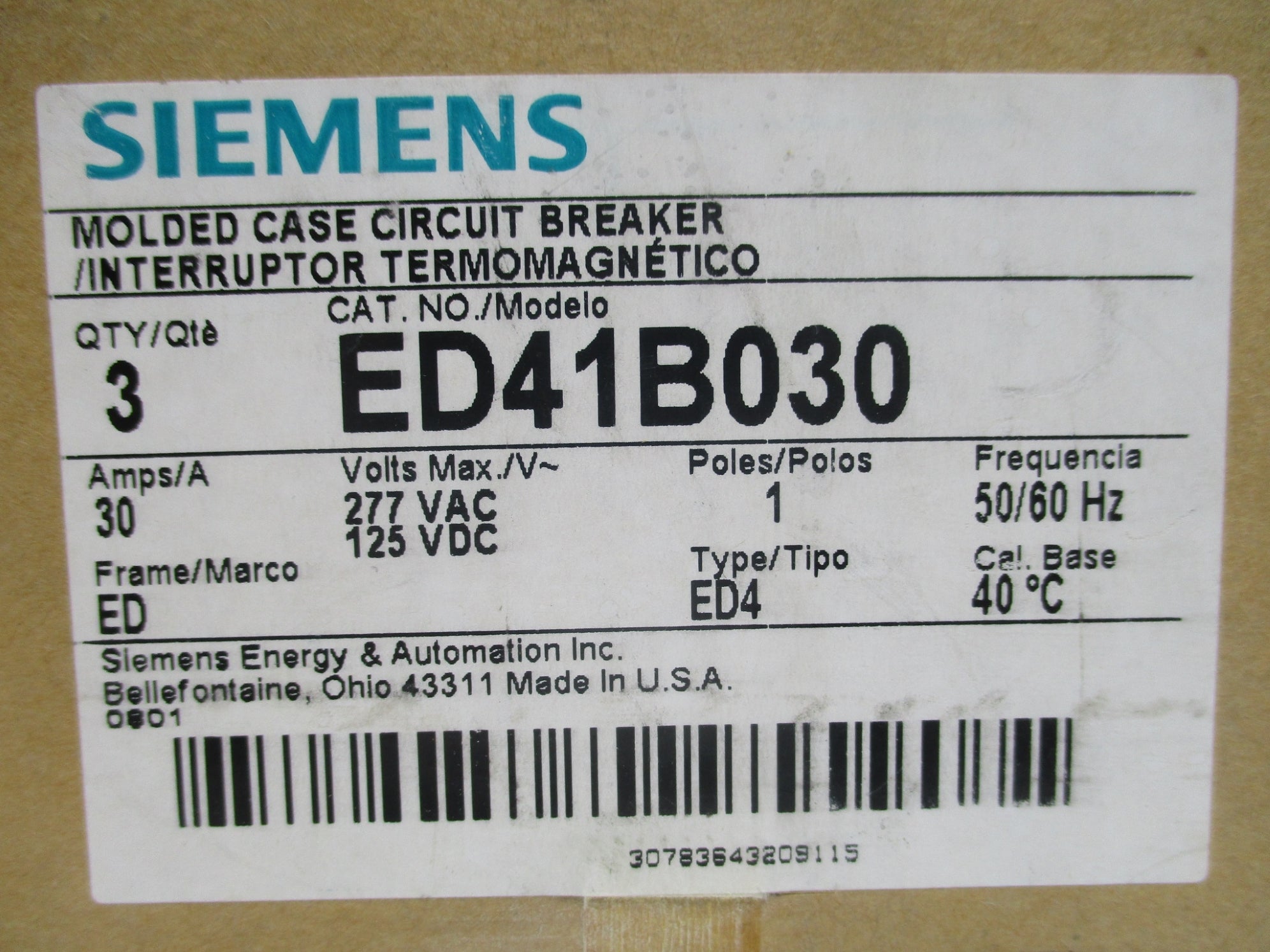 SIEMENS ED41B030 30A 277-125VDC (PKG OF 3) NSMP