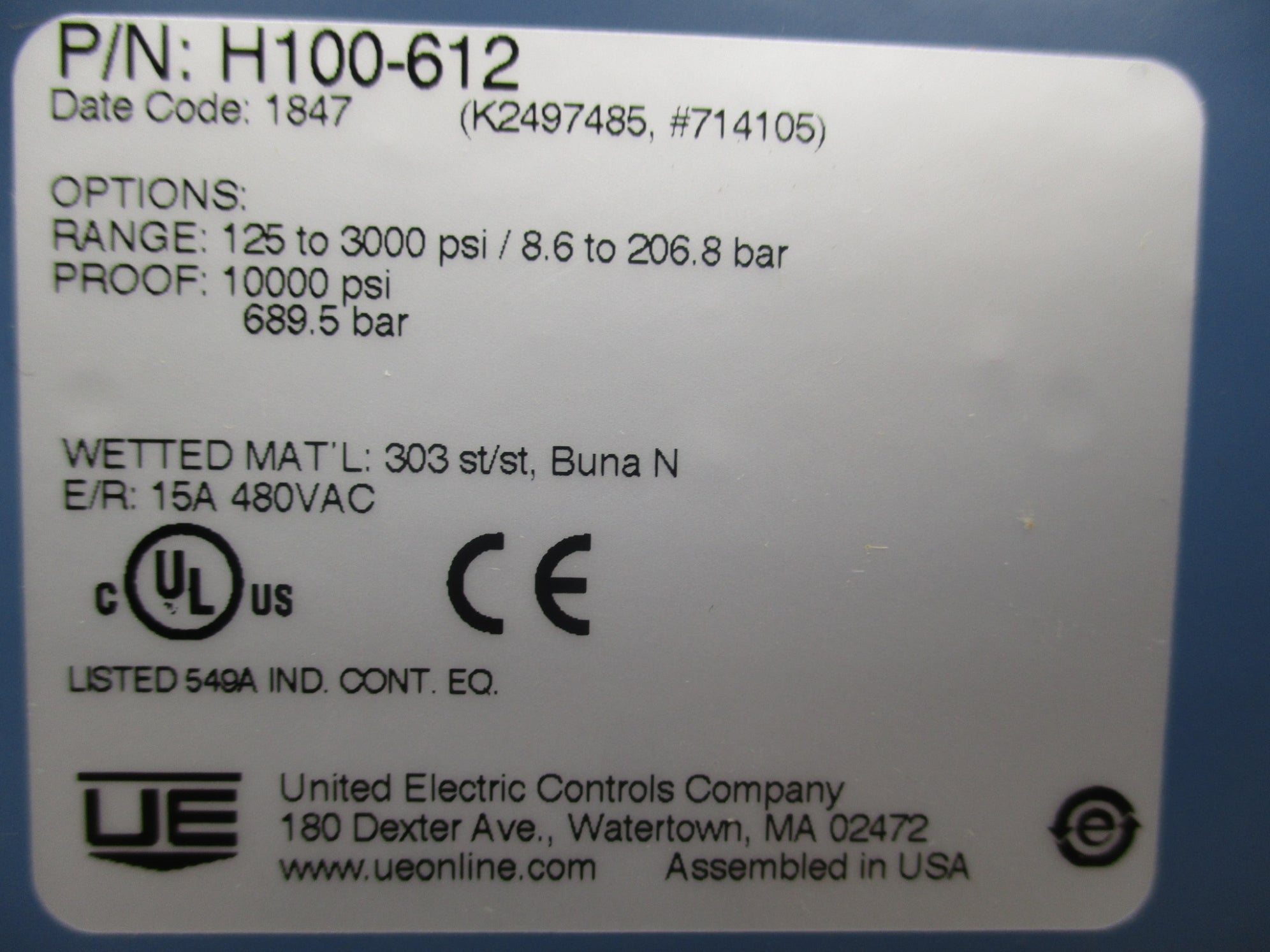UNITED ELECTRIC CONTROL H100-612 NSMP