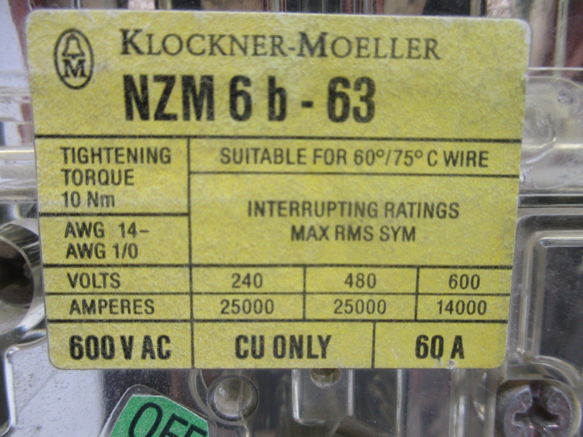 KLOCKNER MOELLER NZM6B-63/ZM6A-25-NA 25A, 600VAC UNMP