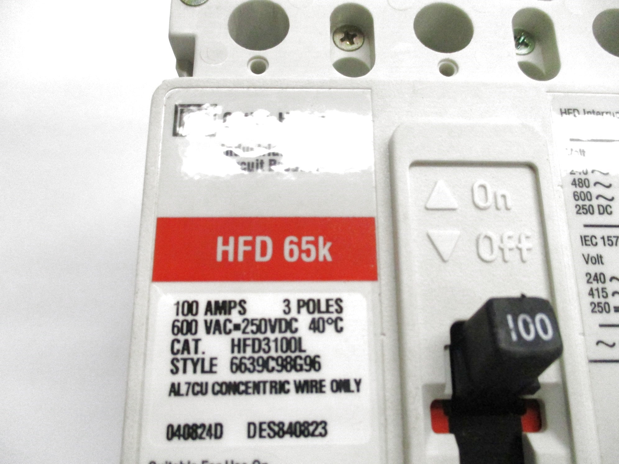 CUTLER HAMMER HFD3100L SER. C 100A 600VAC (WHITE) NSMP