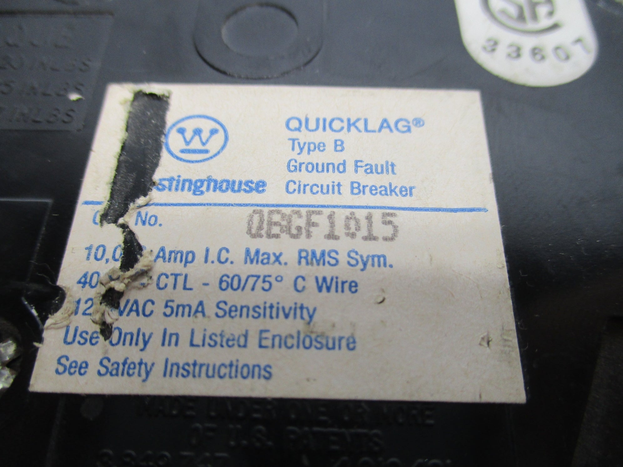 WESTINGHOUSE QBGF1015 15A 120VAC (AS PICTURED) UNMP