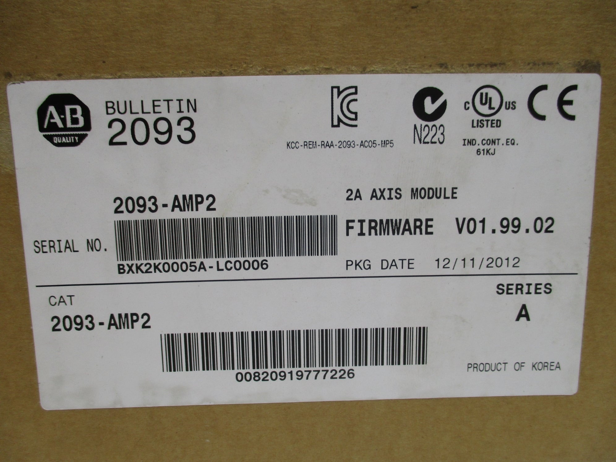 ALLEN BRADLEY 2093-AMP2 SER. A F/W V01.99.02 DATE:2012 NSFS