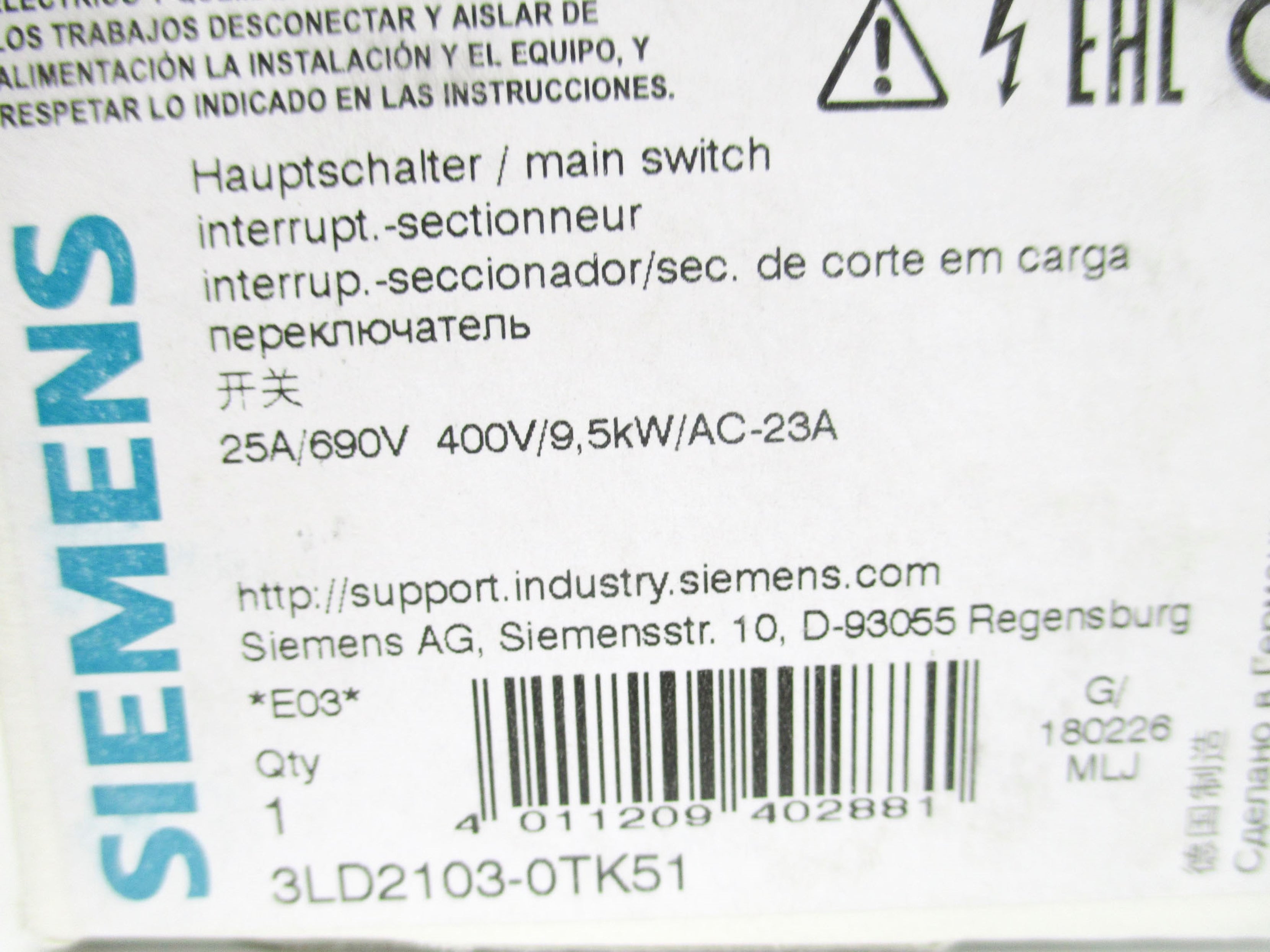 SIEMENS 3LD2103-0TK51 (AS PICTURED) NSMP