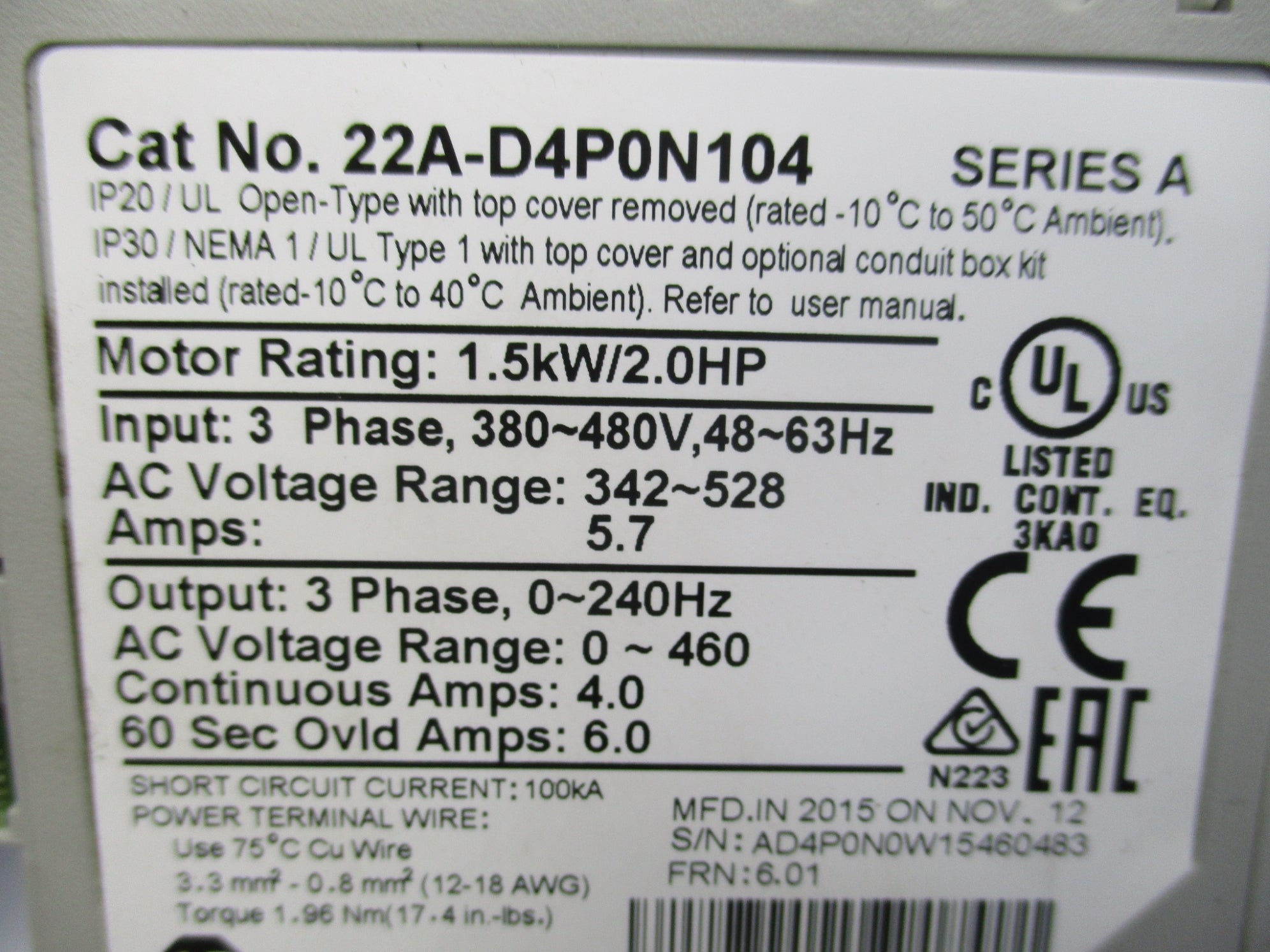 ALLEN BRADLEY 22A-D4P0N104 SER. A F/W 6.01 (AS PICTURED) UNMP