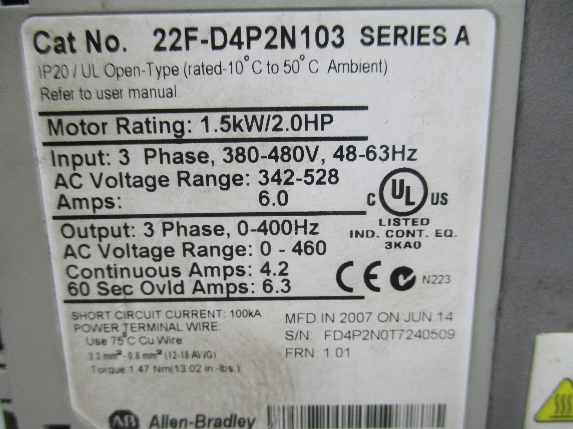 ALLEN BRADLEY 22F-D4P2N103 SER. A F/W 1.01 (AS PICTURED) UNMP