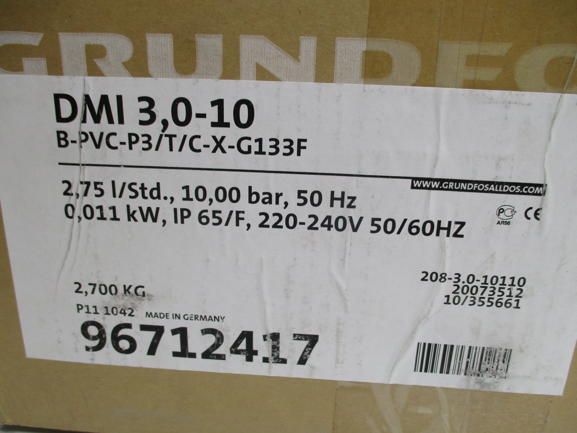 GRUNDFOS 96712417 DMI3.0-10B-PVC-P3/T/C-XG133F NSMP