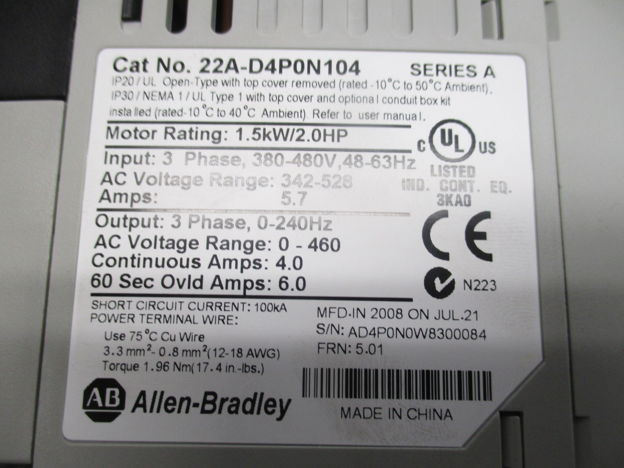 ALLEN BRADLEY 22A-D4P0N104 SER. A F/W 5.01 NSMP