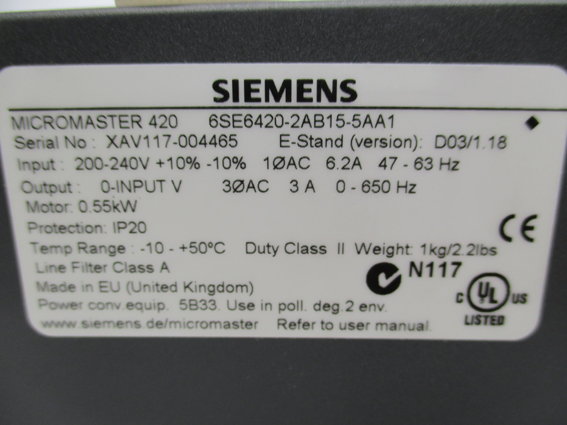 SIEMENS 6SE6420-2AB15-5AA1 UNMP