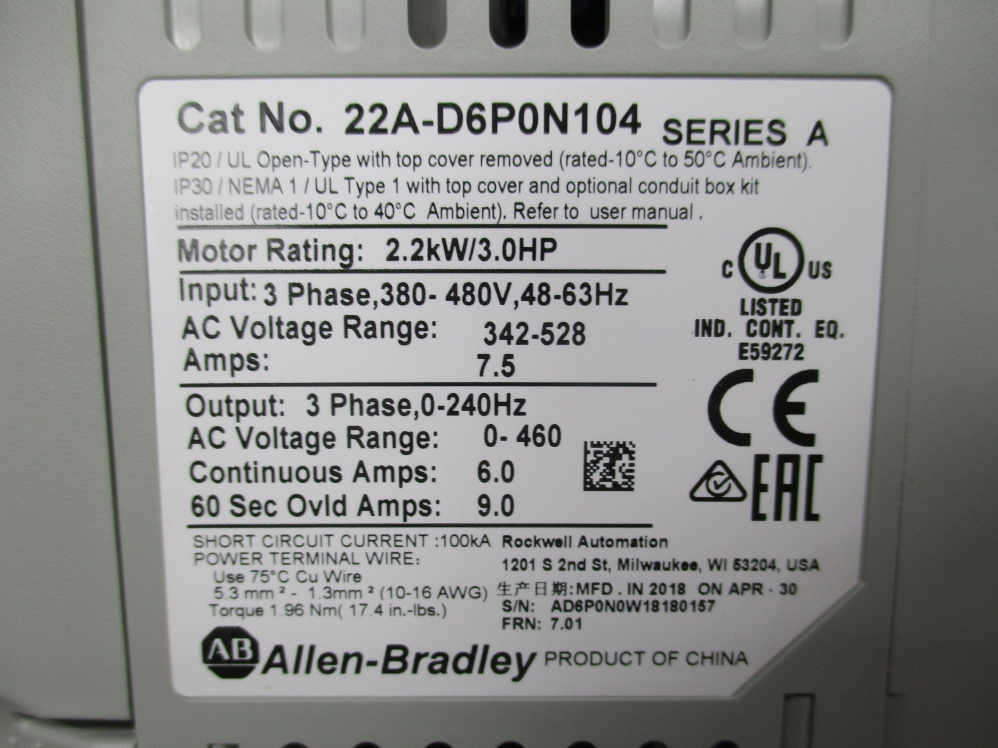 ALLEN BRADLEY 22A-D6P0N104 SER. A F/W 7.01 NSMP