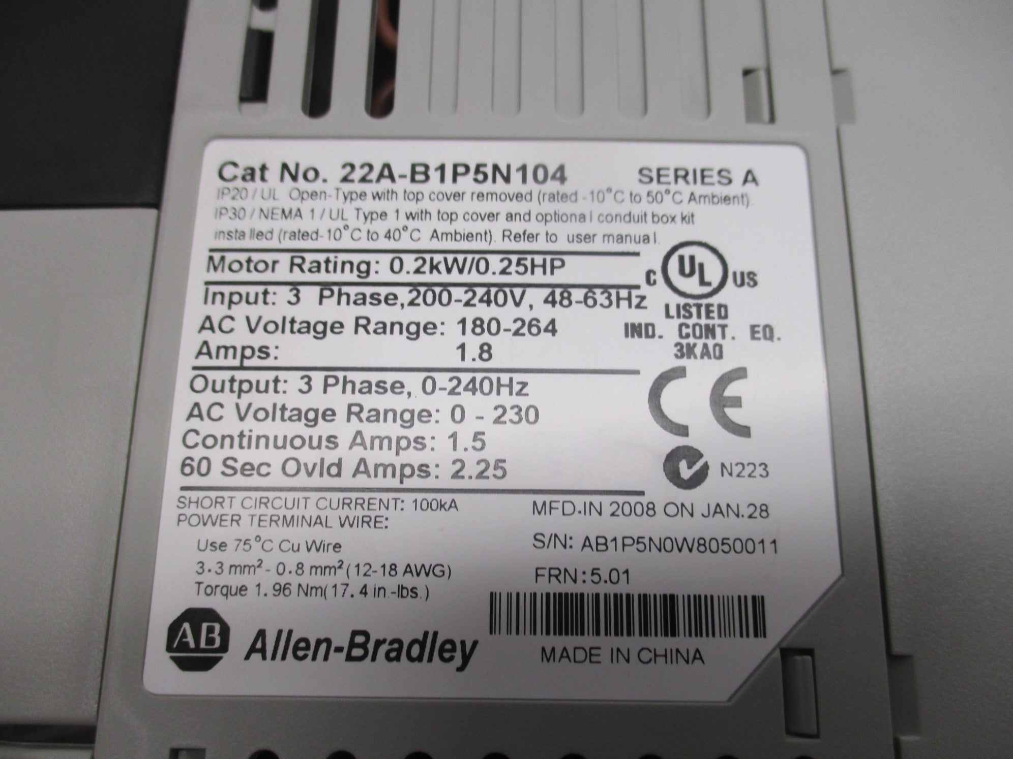 ALLEN BRADLEY 22A-B1P5N104 SER. A F/W 5.01 NSMP