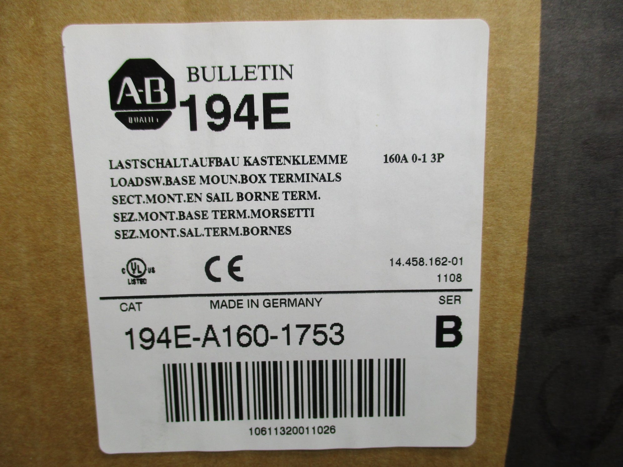ALLEN BRADLEY 194E-A160-1753 SER. B (BR/WH) NSMP