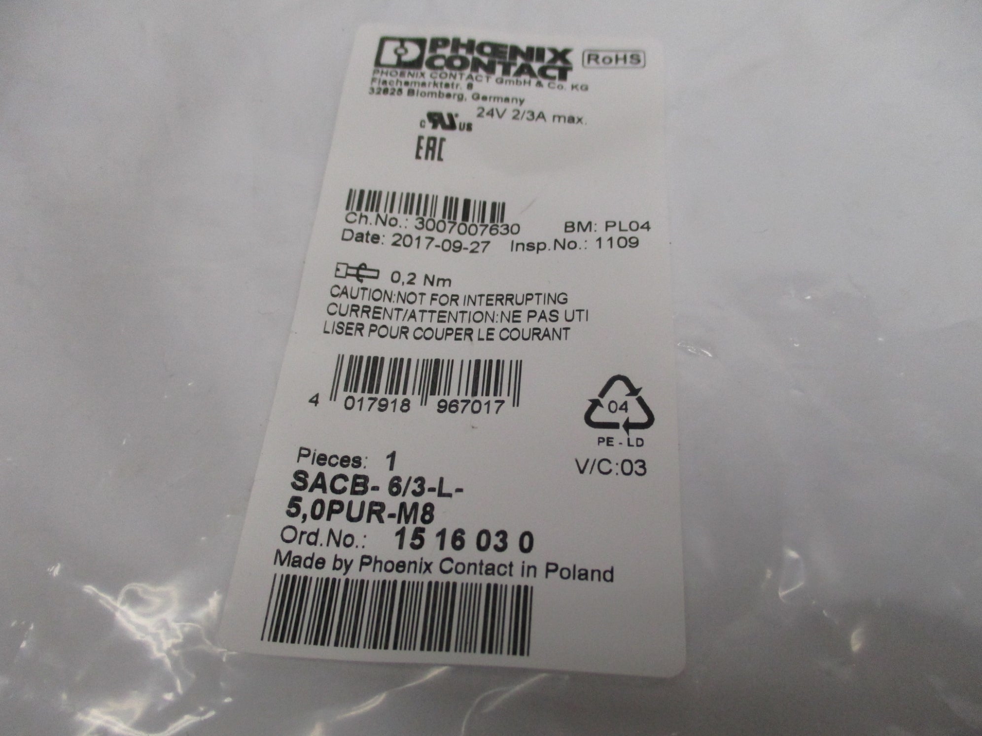PHOENIX CONTACT SACB-6/3-L-5,0PUR-M8 NSMP