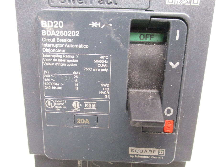 SQUARE D BDA260202 20A 480V NSNP