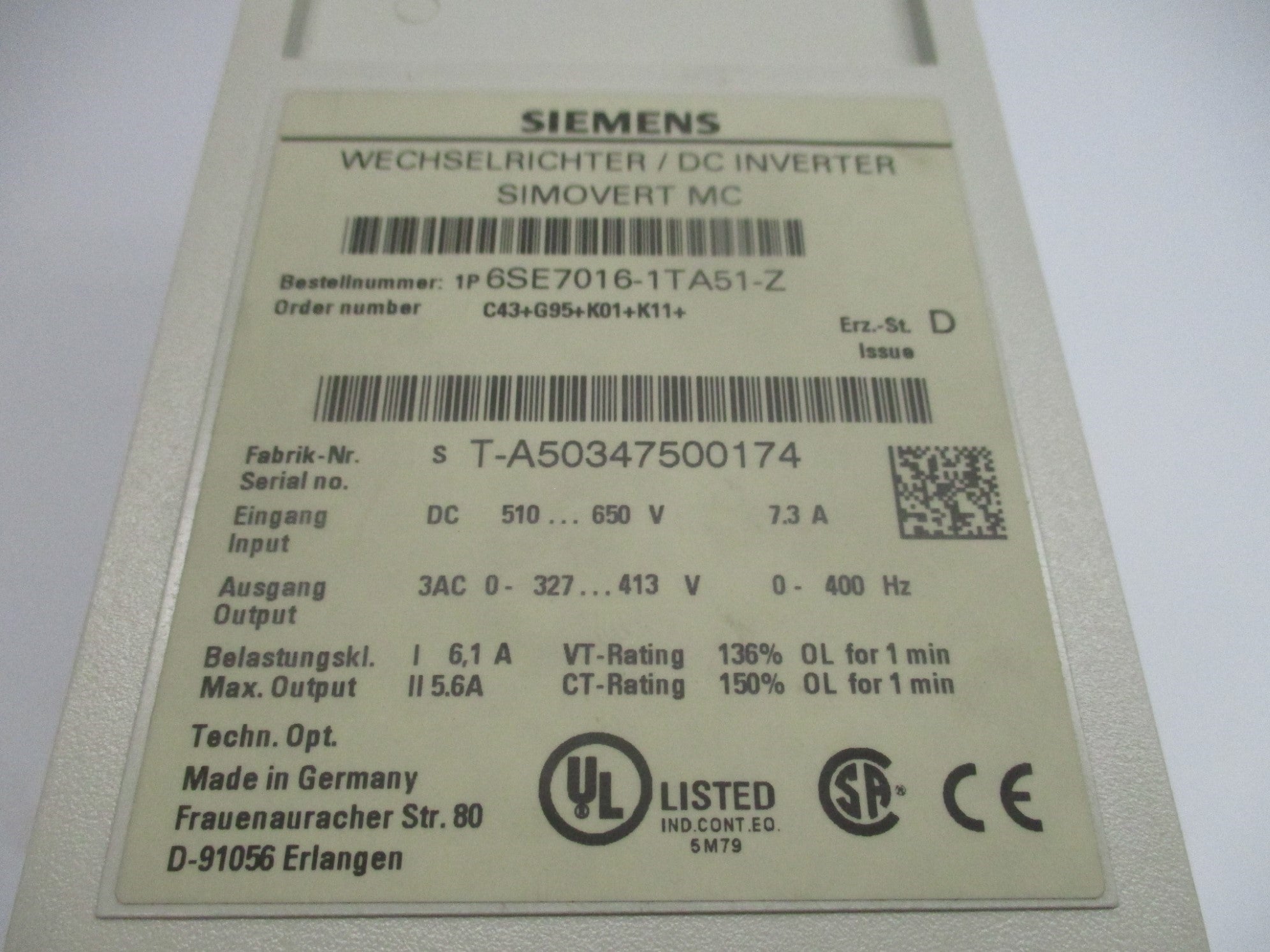 SIEMENS 6SE7016-1TA51-Z NSMP