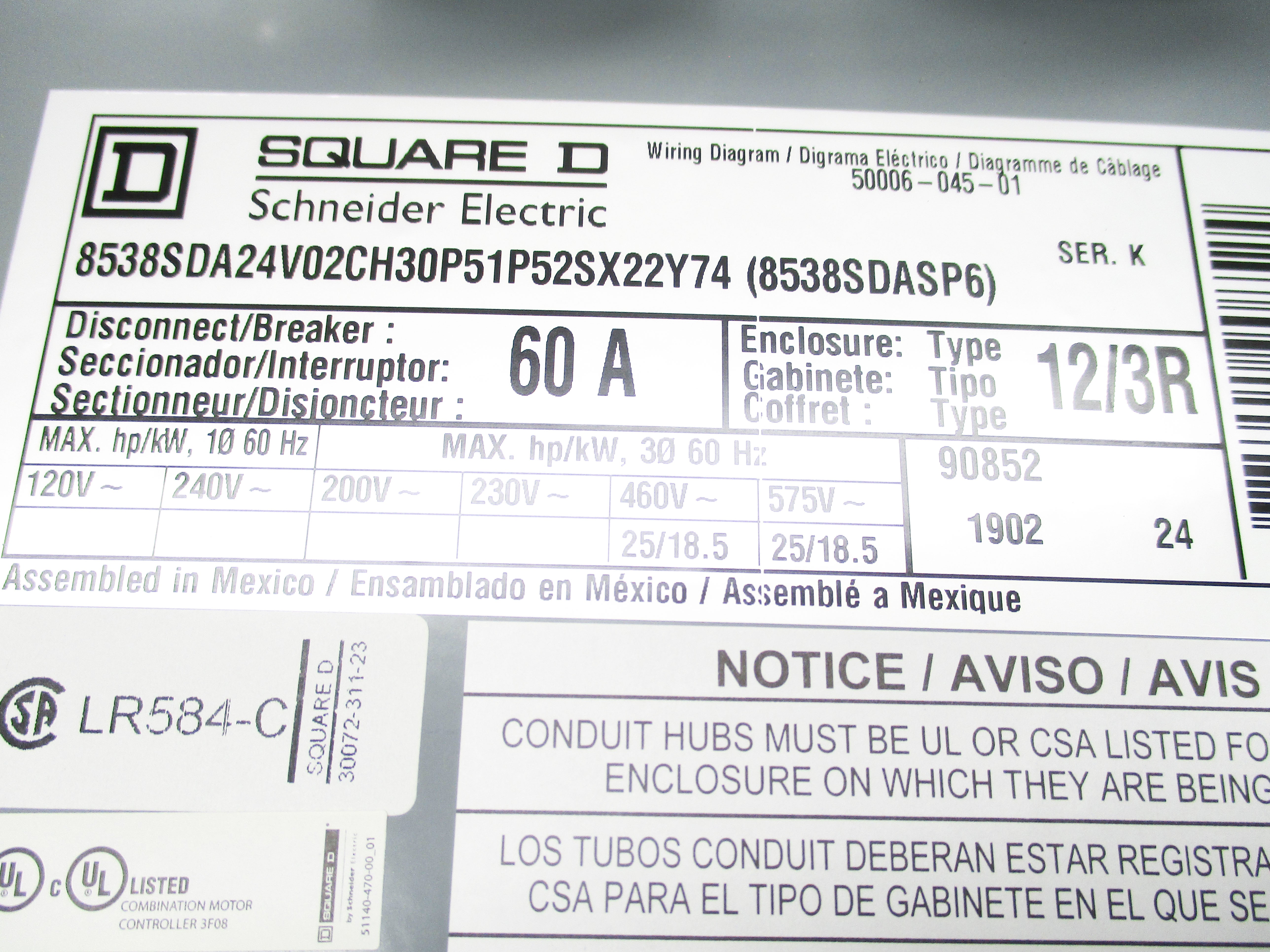 SQUARE D 8538SDA24V02CH30P51P52SX22Y74(8538SDASP6) SER. K NSMP