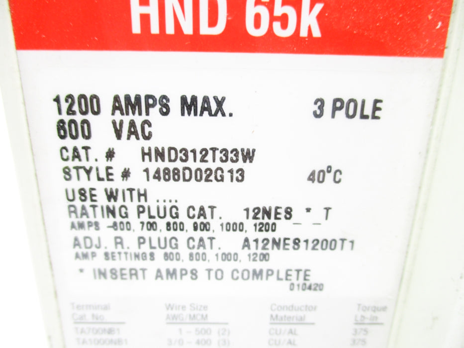 CUTLER HAMMER HND312T33W 1200A 600VAC (AS PICTURED) UNMP