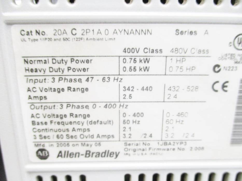 INDUSTRIAL SPARE PART 20AC2P1A0AYNANNN SER. A F/W 2.008 UNMP