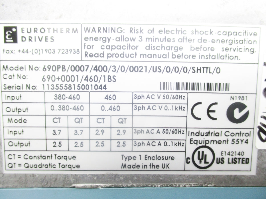 EUROTHERM DRIVE 690PB/0007/400/3/0/0021/US/0/0/0/SHTTL/0 UNMP