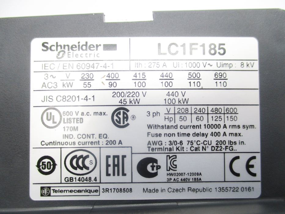 SCHNEIDER ELECTRIC LC1F185G6 95V50HZ/115-120V60HZ (AS PICTURED) NSMP