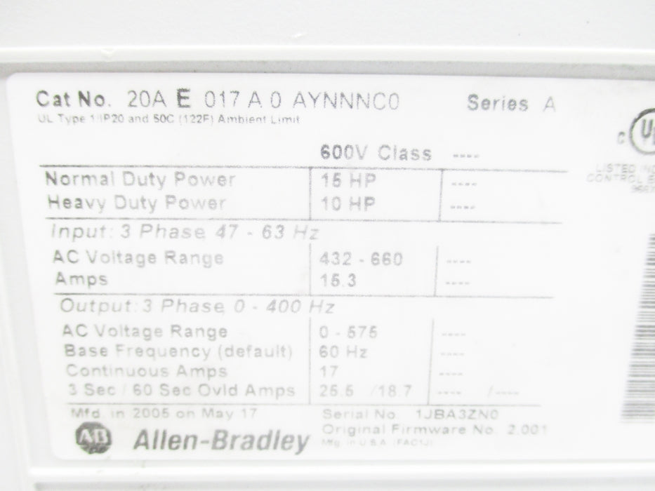 INDUSTRIAL SPARE PART 20AE017A0AYNNNC0 SER. A F/W 2.001 UNMP