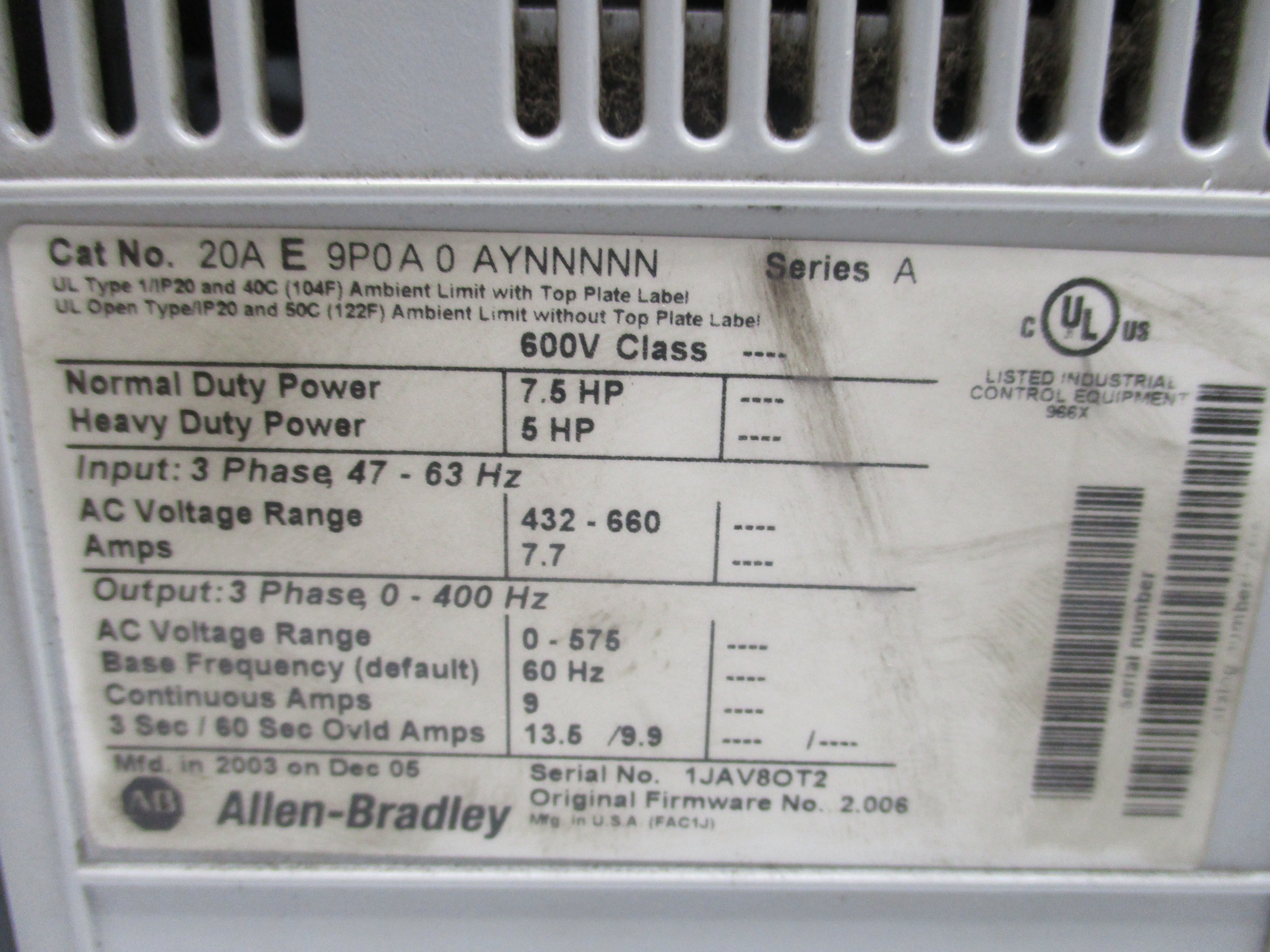 INDUSTRIAL SPARE PART 20AE9P0A0AYNNNNN SER. A UNMP